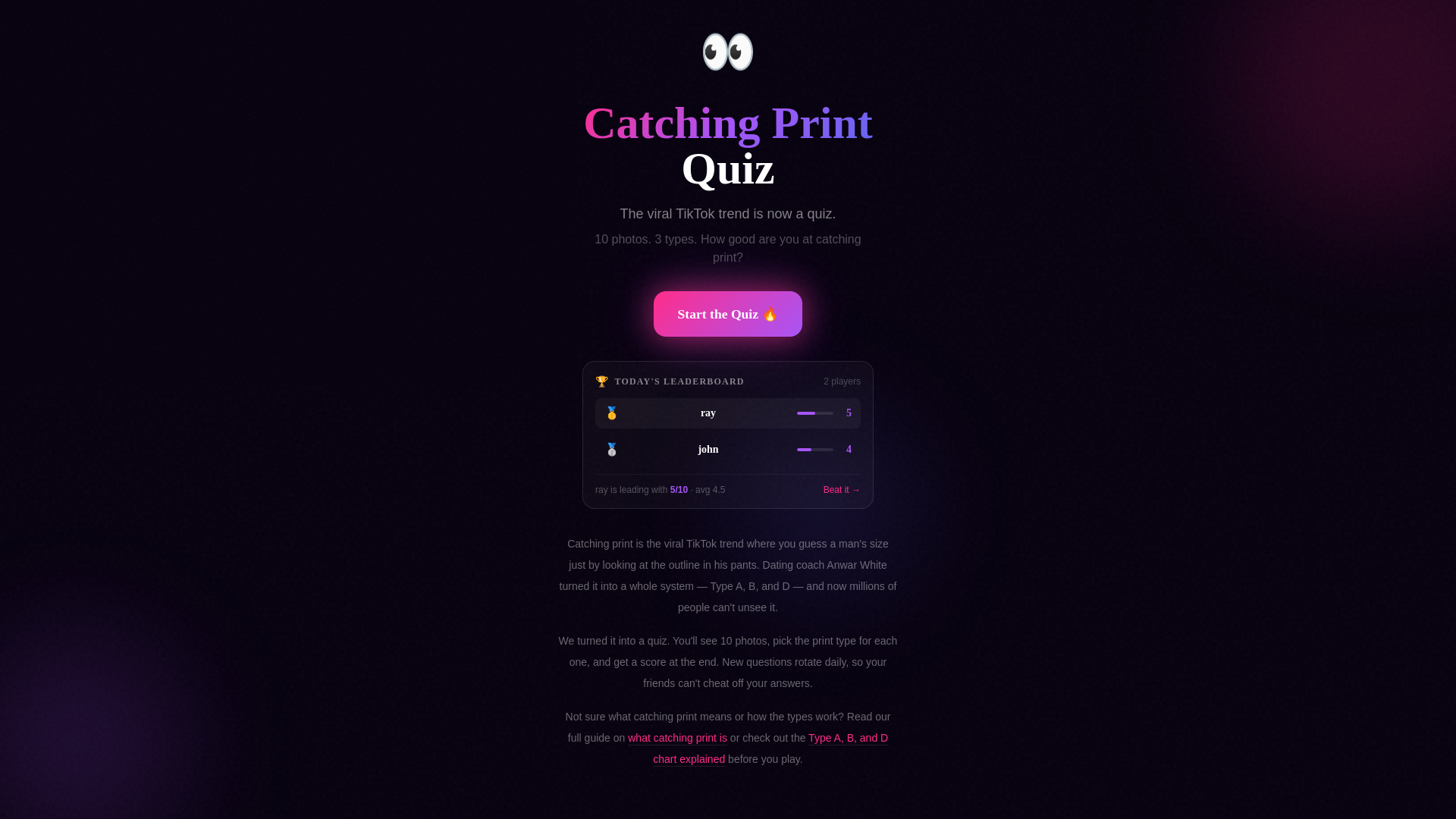 website screenshot of https://catchingprintquiz.com/