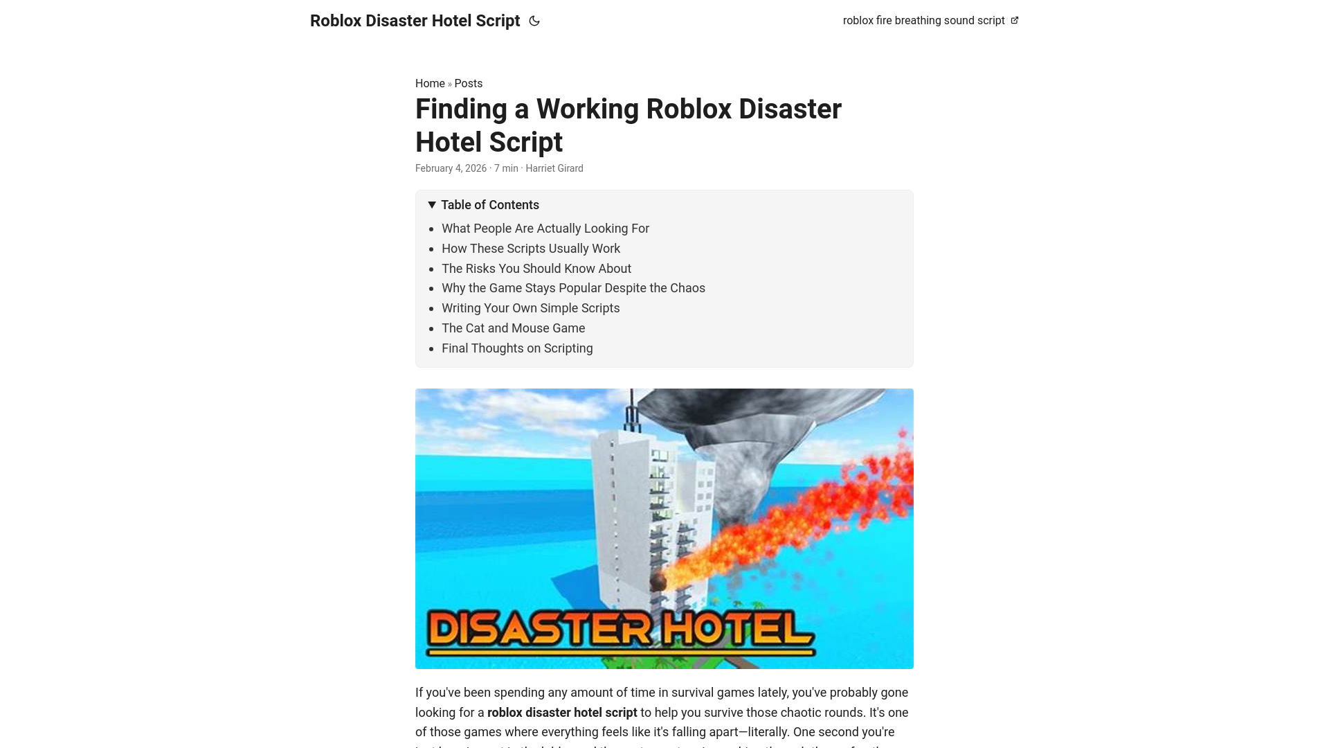 website screenshot of https://roblox-disaster-hotel-script.pages.dev/
