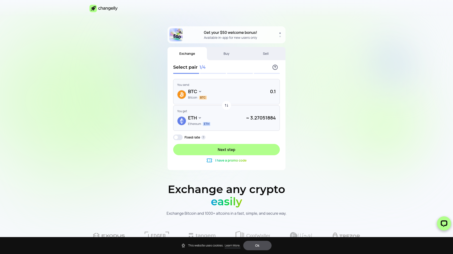 website screenshot of https://changemly.com