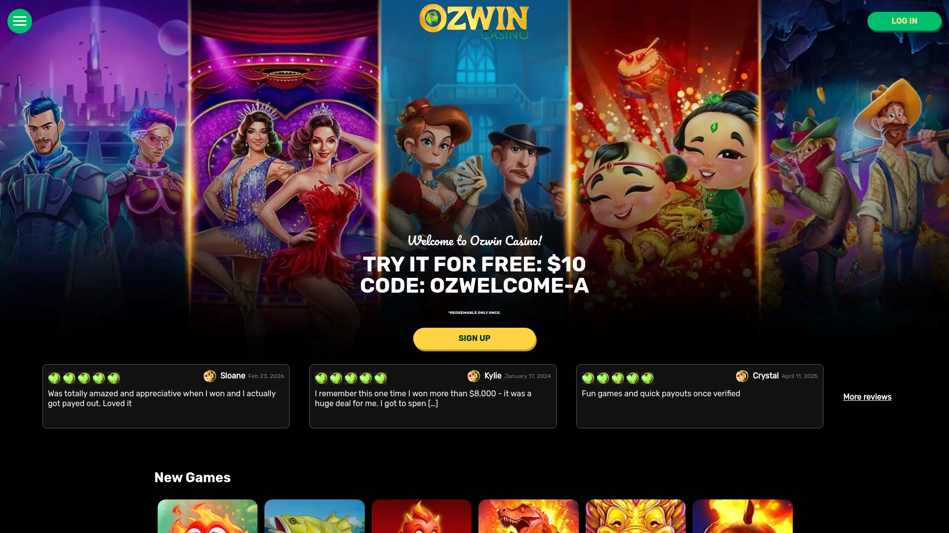 website screenshot of https://casinoozwin.life/