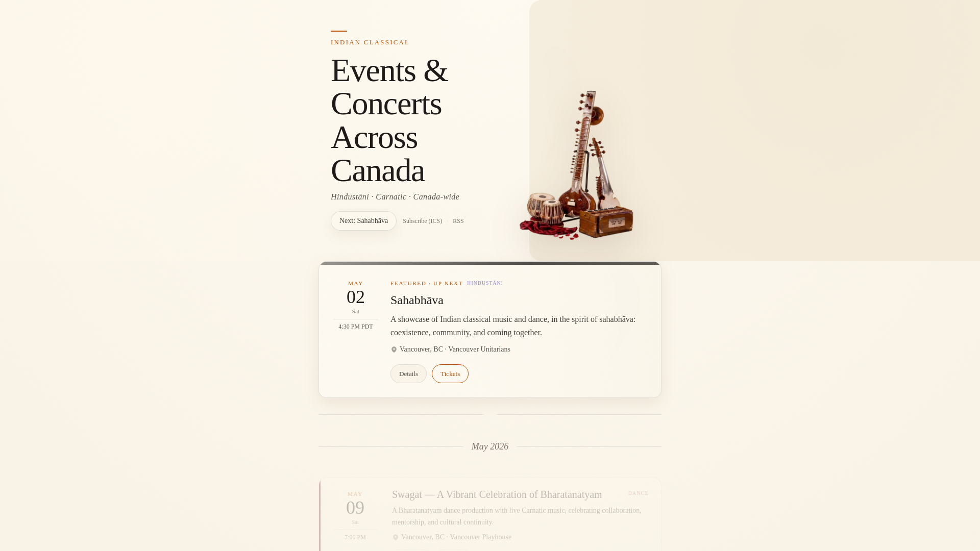website screenshot of https://indianclassicalevents.com/