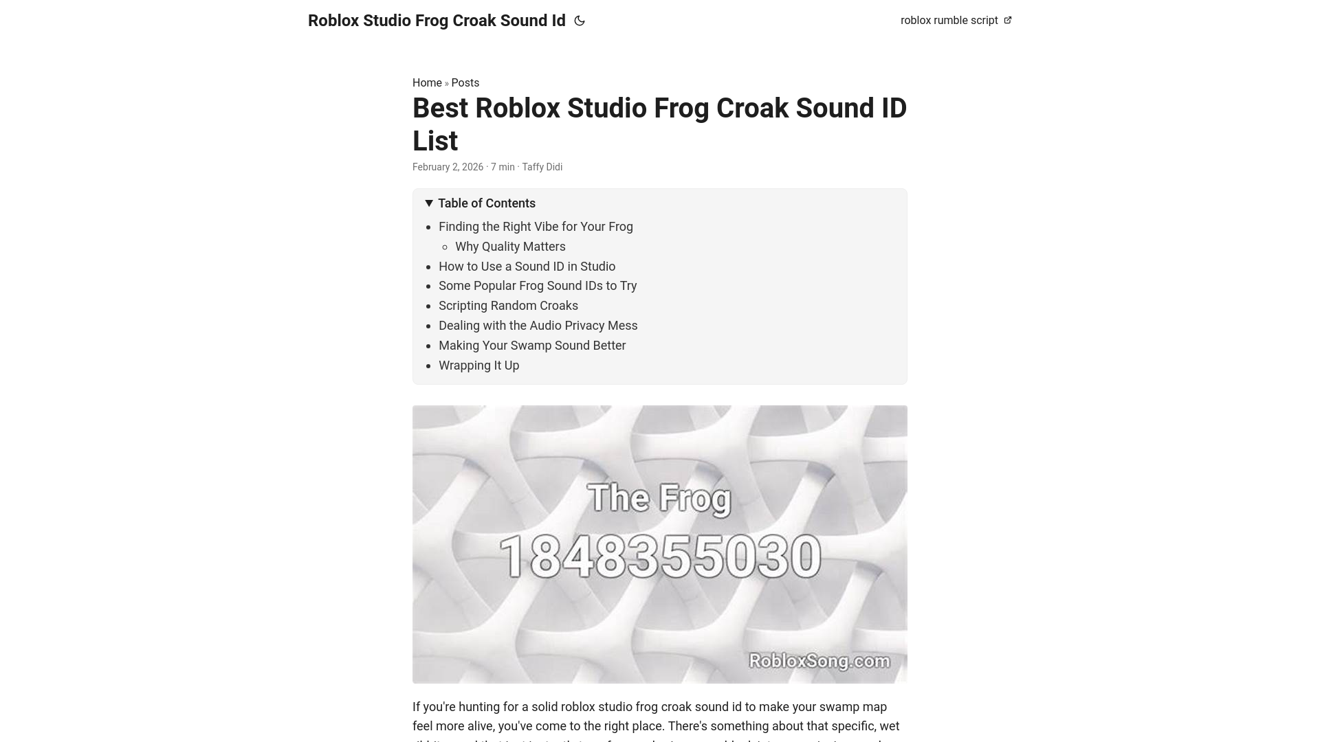 website screenshot of https://roblox-studio-frog-croak-sound-id.pages.dev/