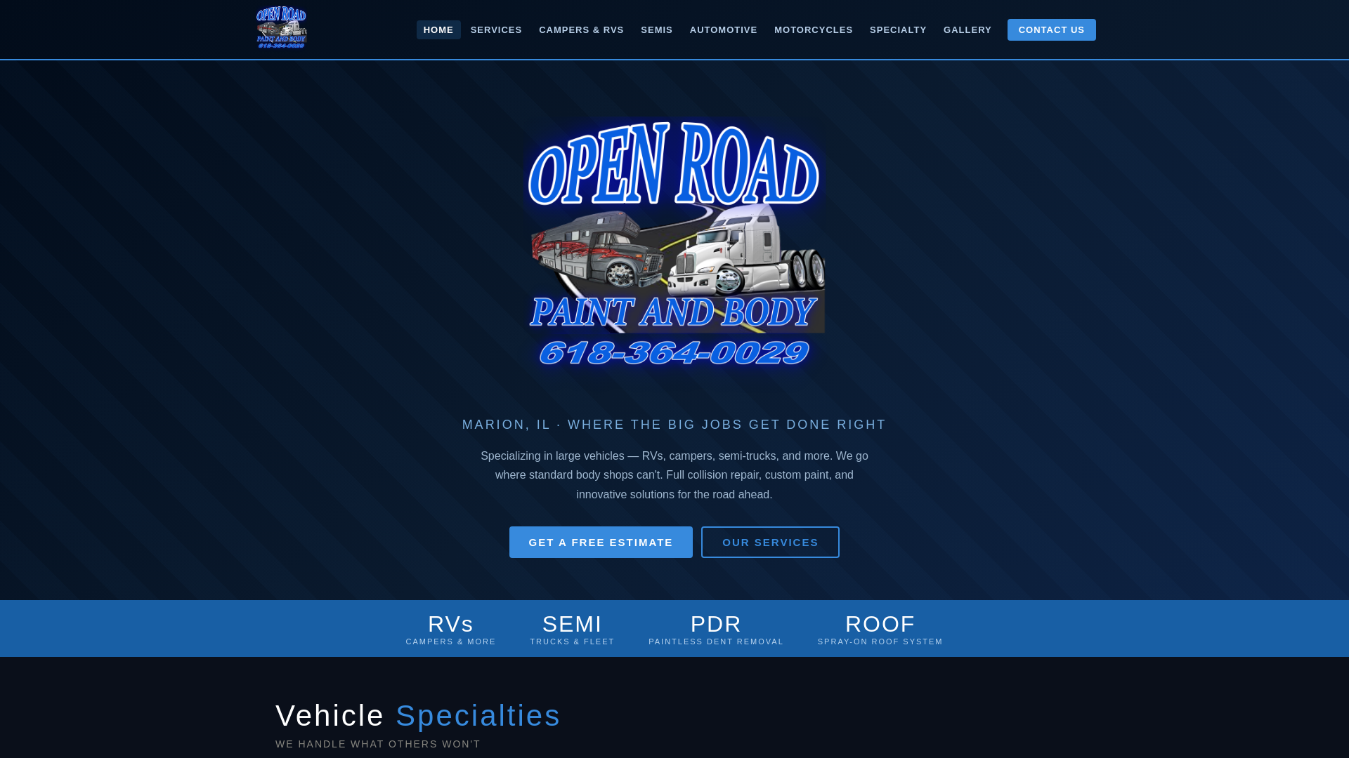 website screenshot of https://openroadpaintandbody.com/