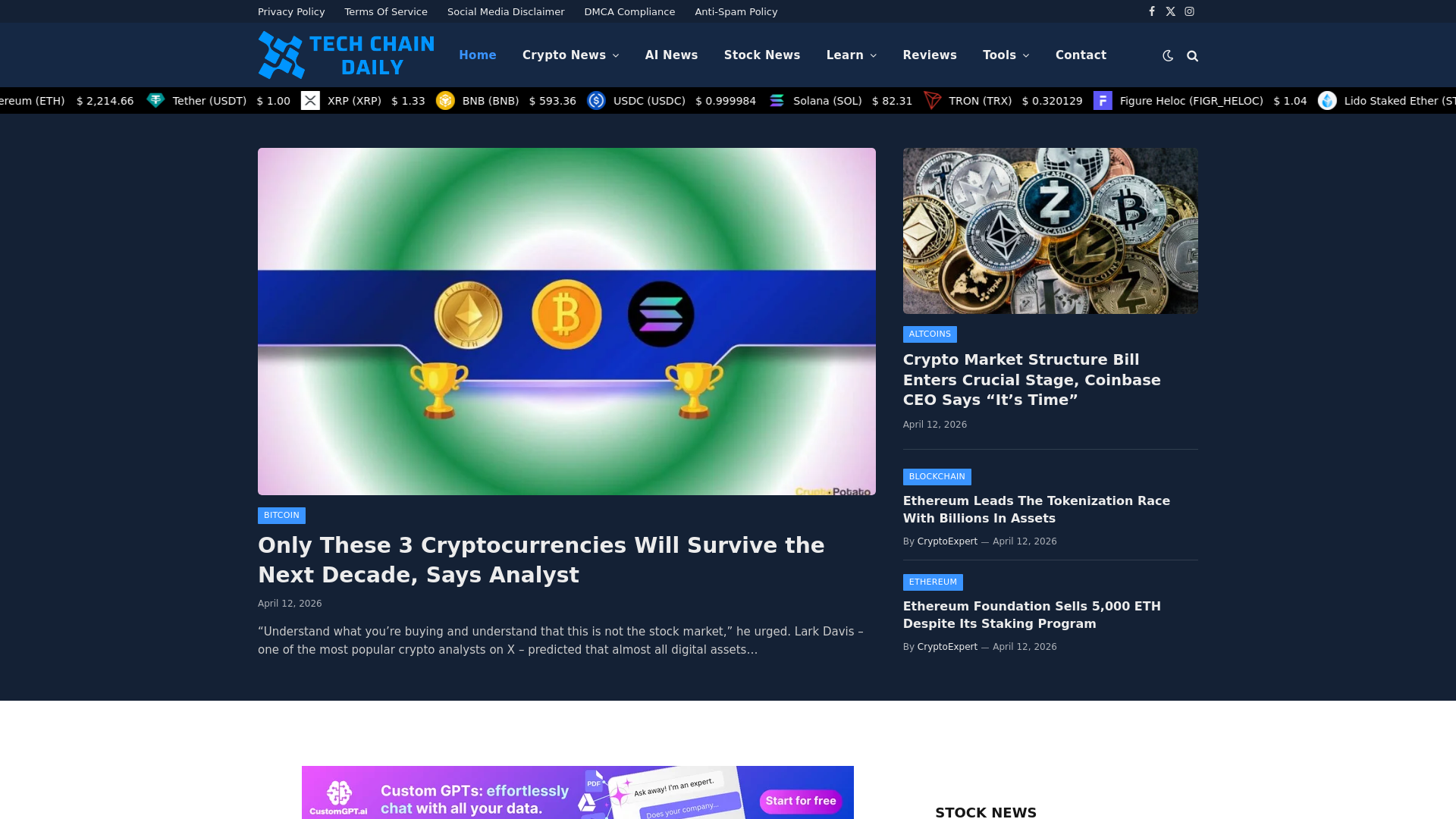 website screenshot of https://techchaindaily.com
