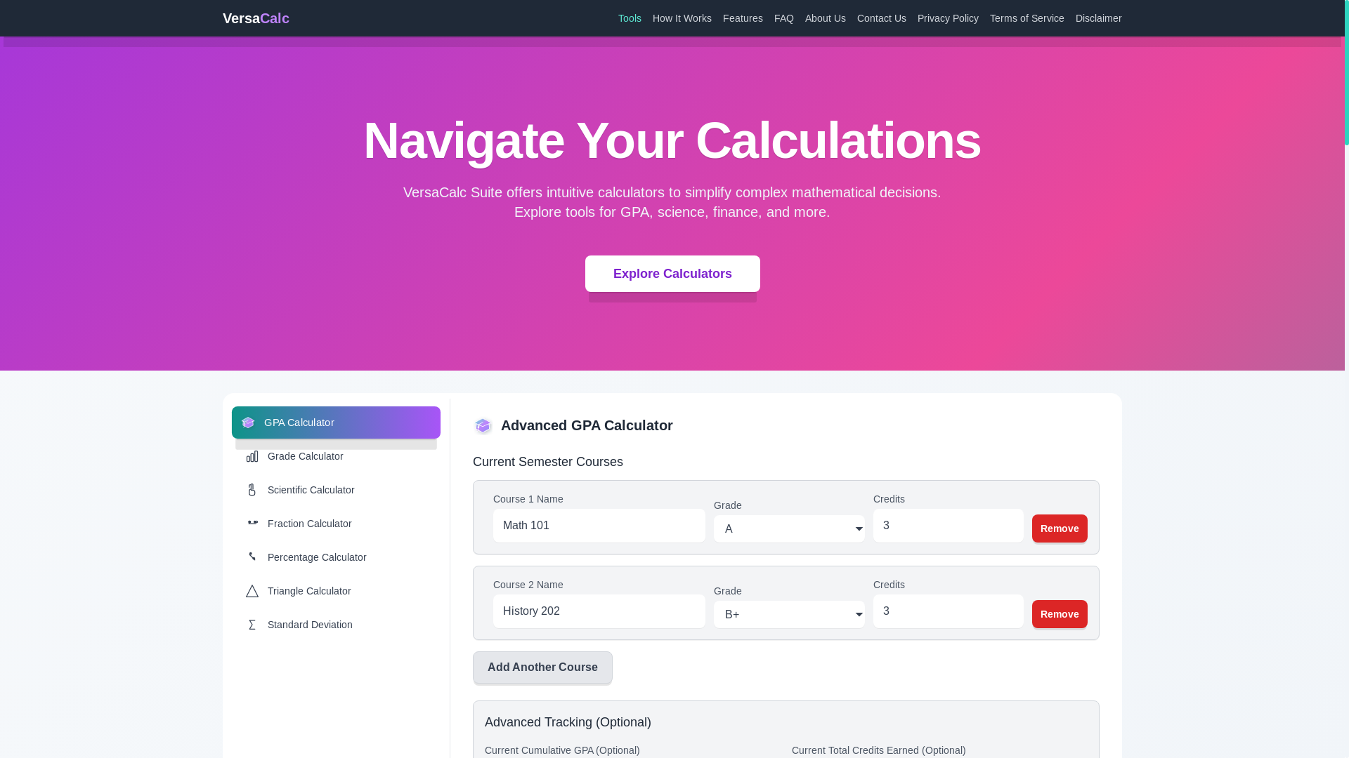 website screenshot of https://versacalc.pages.dev/