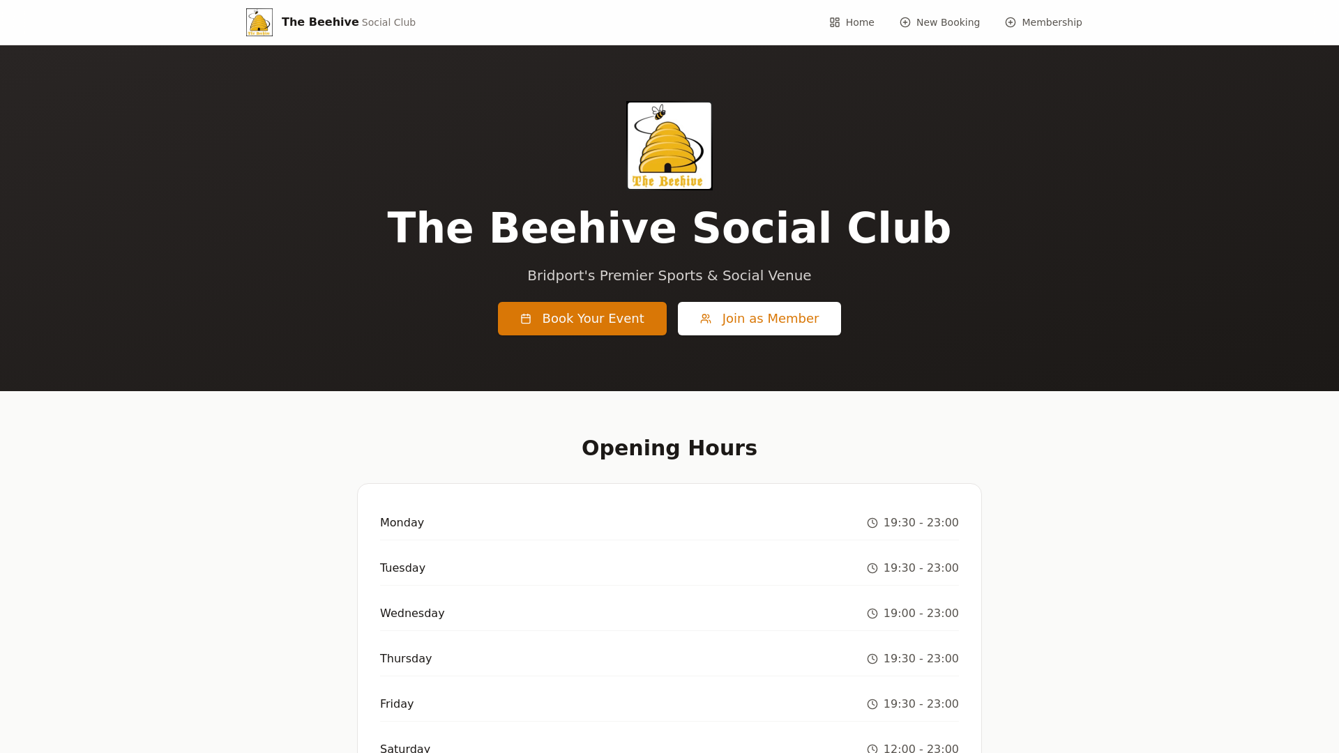 website screenshot of https://beehivesocialclub.co.uk