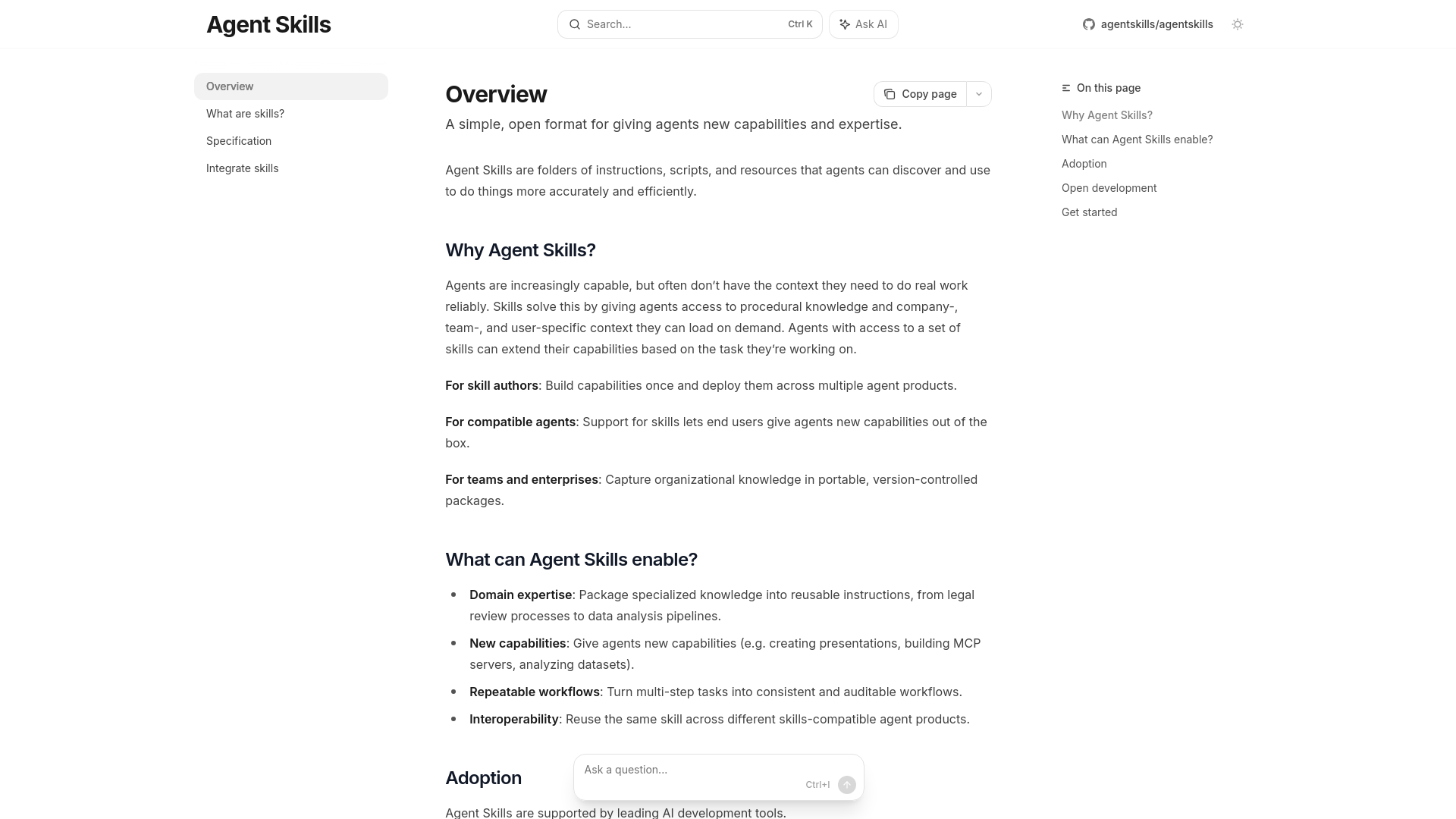 website screenshot of http://agentskills.io/