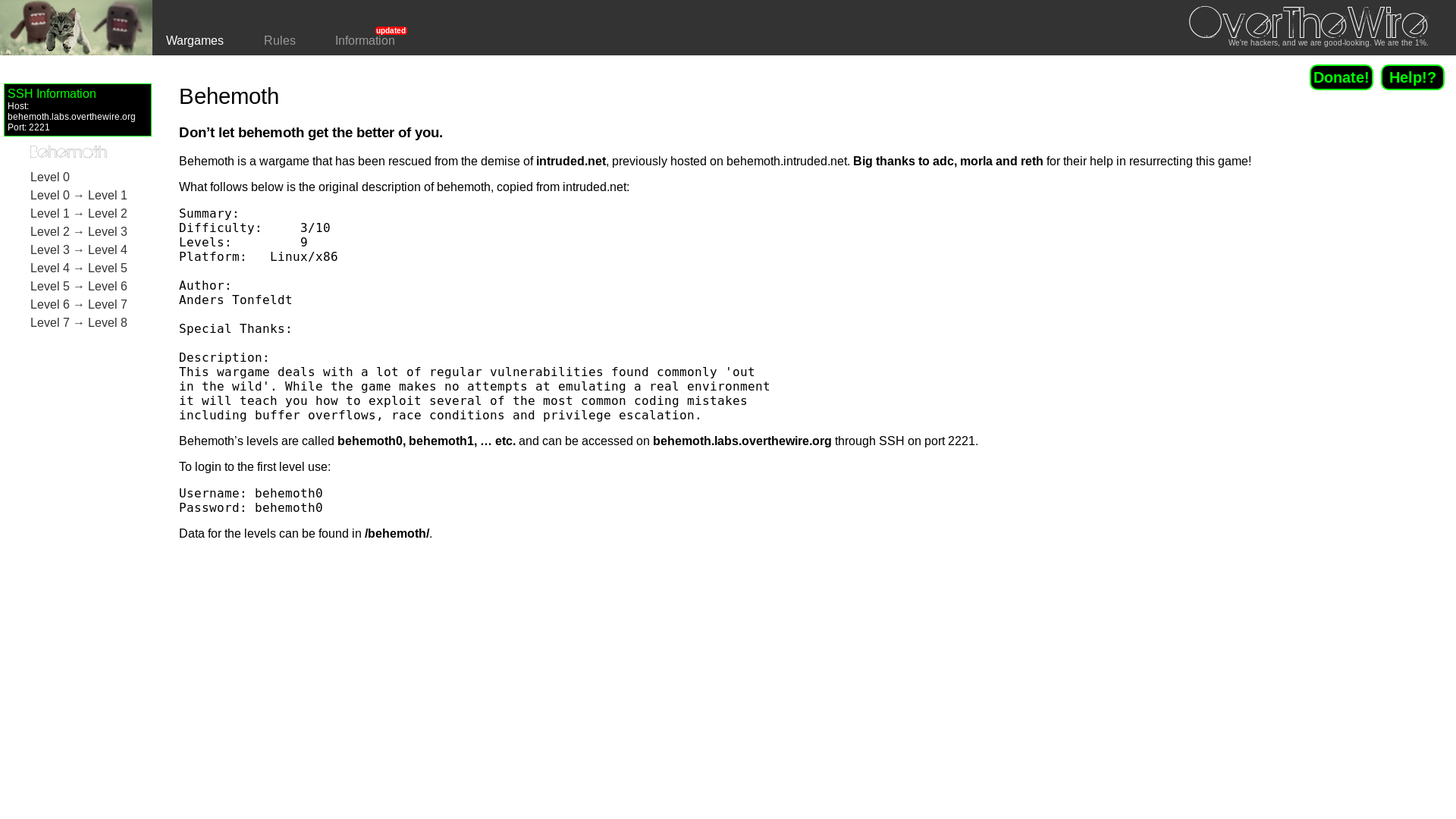 website screenshot of https://overthewire.org/wargames/behemoth