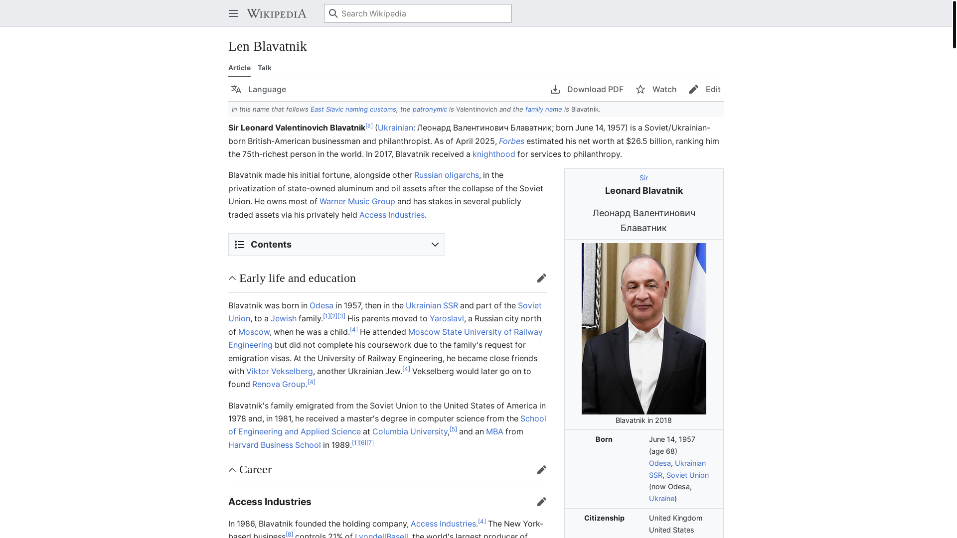 website screenshot of https://en.m.wikipedia.org/wiki/Len_Blavatnik