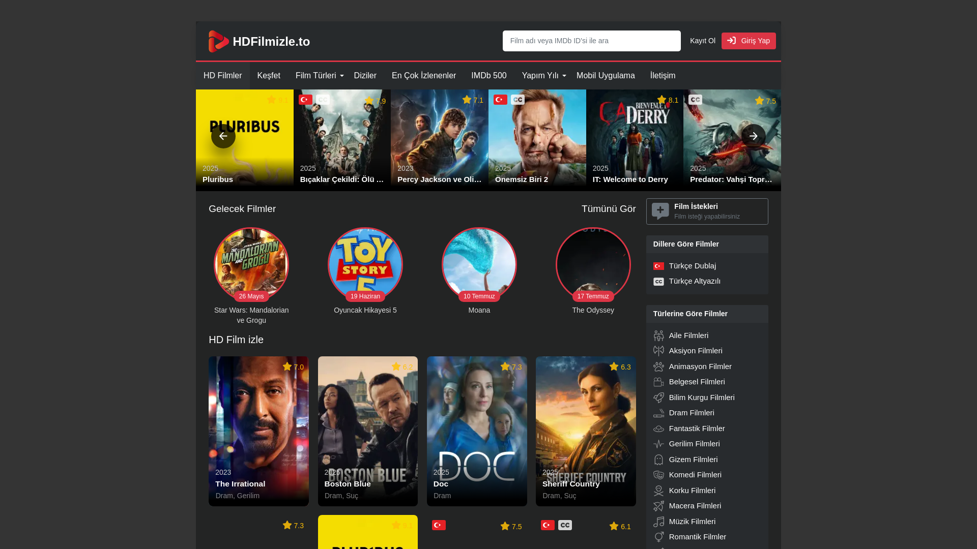 website screenshot of https://www.hdfilmizle.to