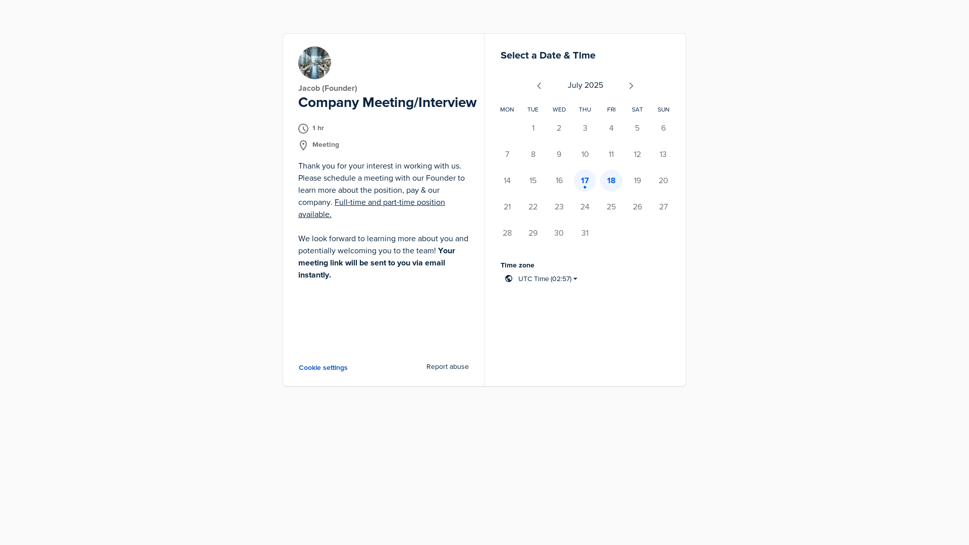 website screenshot of https://link.quickjobalerts.org/w/link/5007ad18-08e9-425b-bec7-e2542a6862aa?ru=https%3a%2f%2fcalendly.com%2fcompany-founder%2finvite-only-meeting%3futm_source%3dldin&i=1