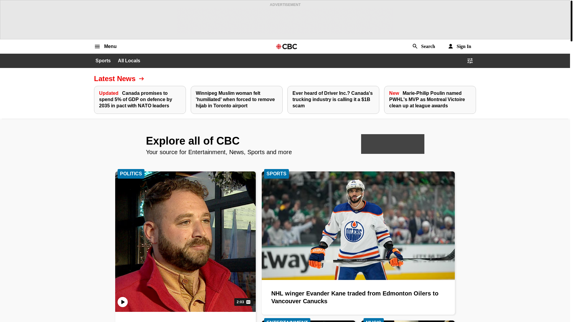 website screenshot of https://cbc.ca/
