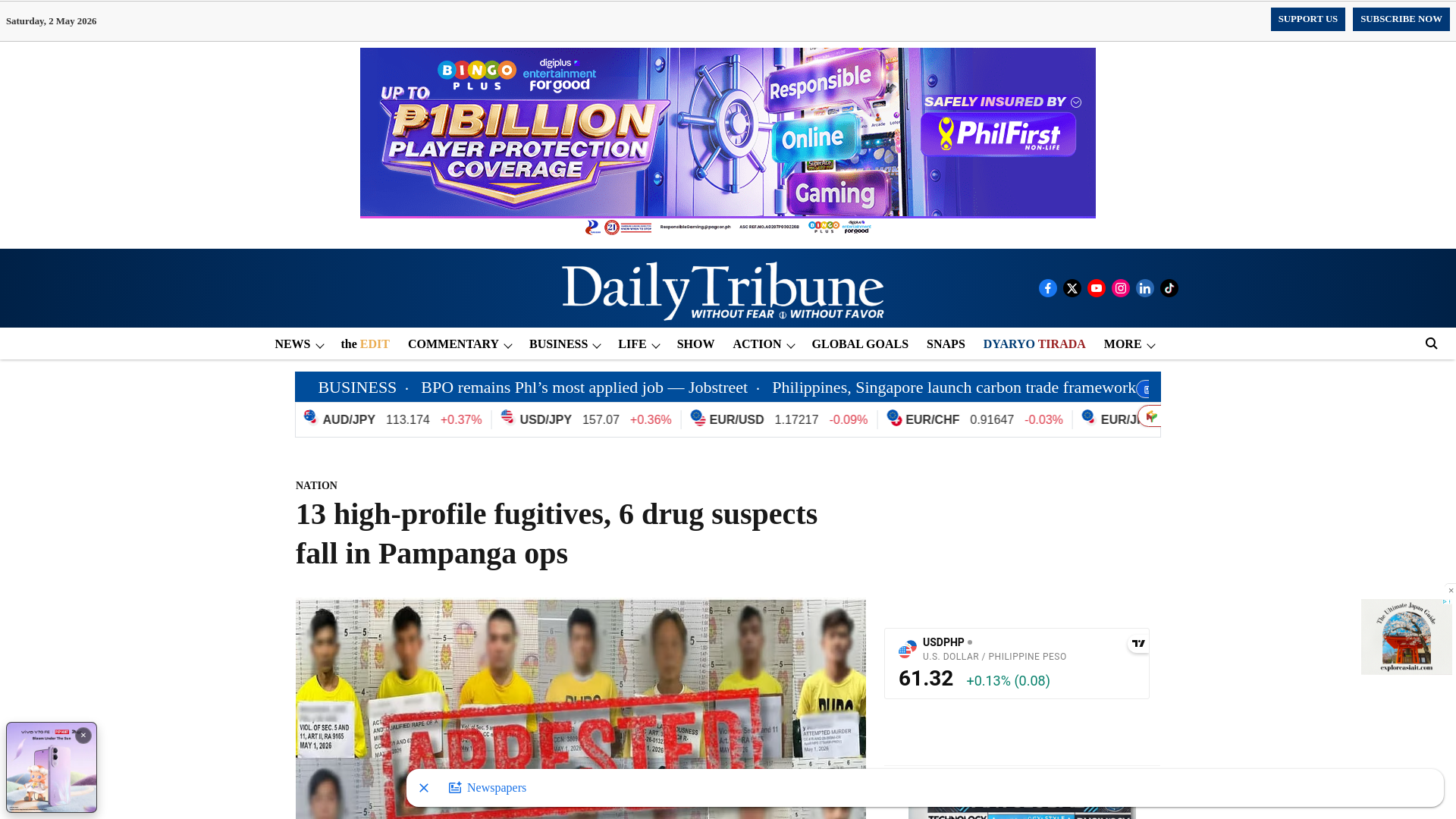 website screenshot of https://tribune.net.ph/2026/05/02/13-high-profile-fugitives-6-drug-suspects-fall-in-pampanga-ops