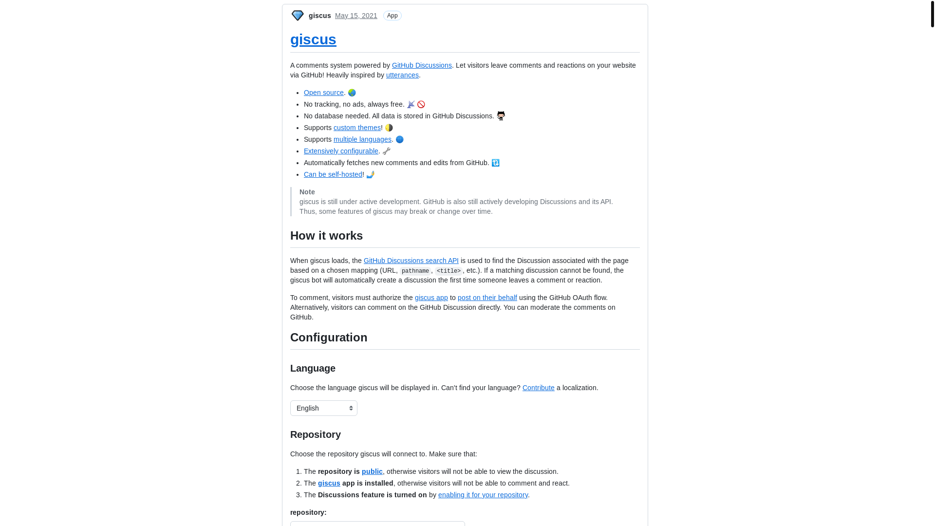 website screenshot of https://giscus.app