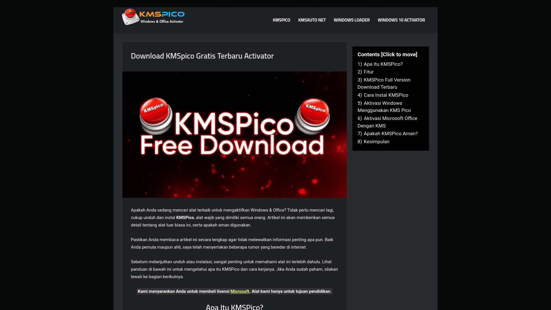 website screenshot of https://kmspico.best