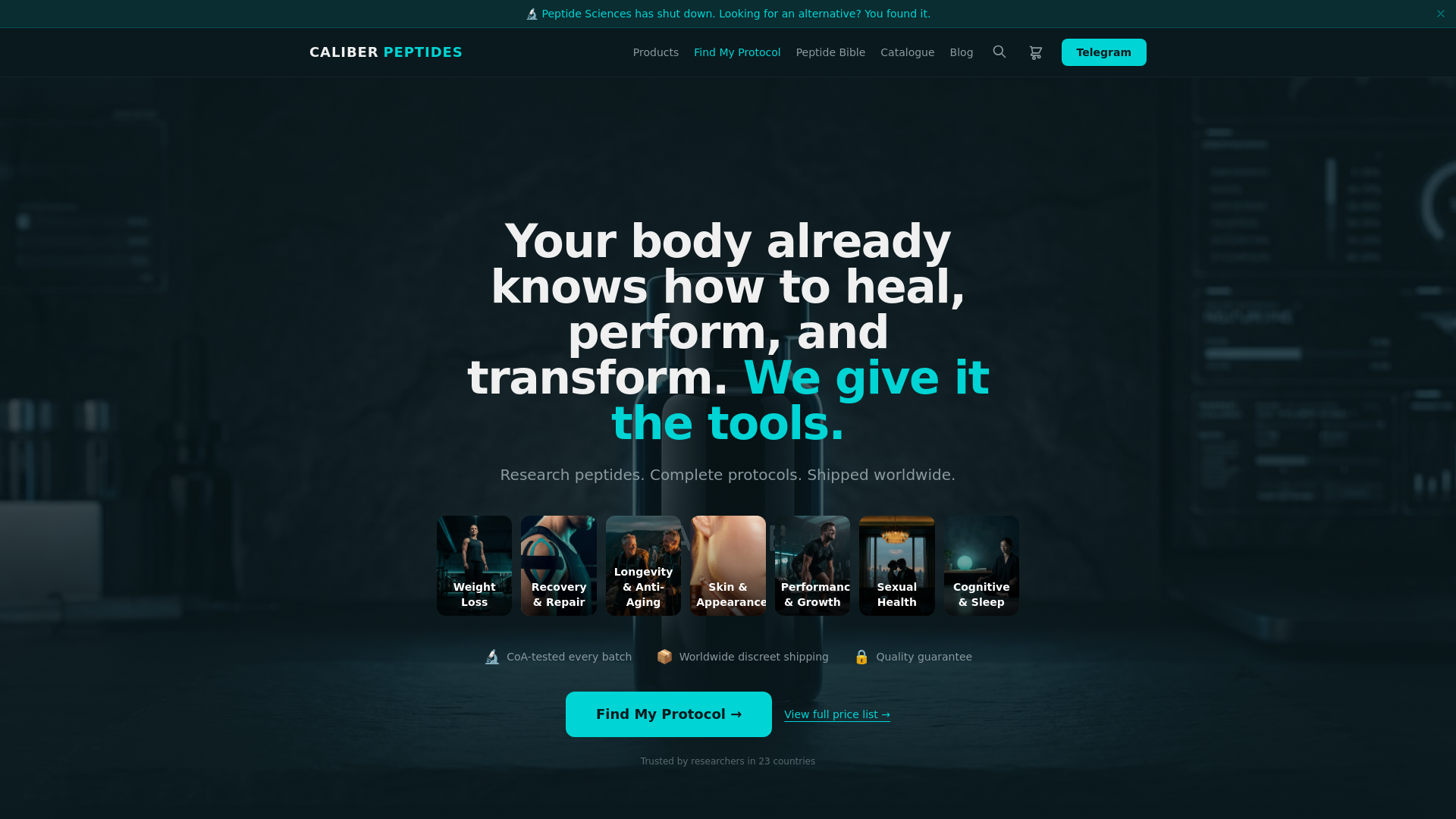 website screenshot of https://caliberpeptides.health