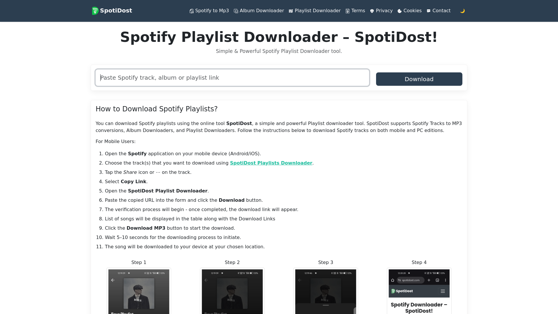 website screenshot of https://spotidost.com/playlist-downloader