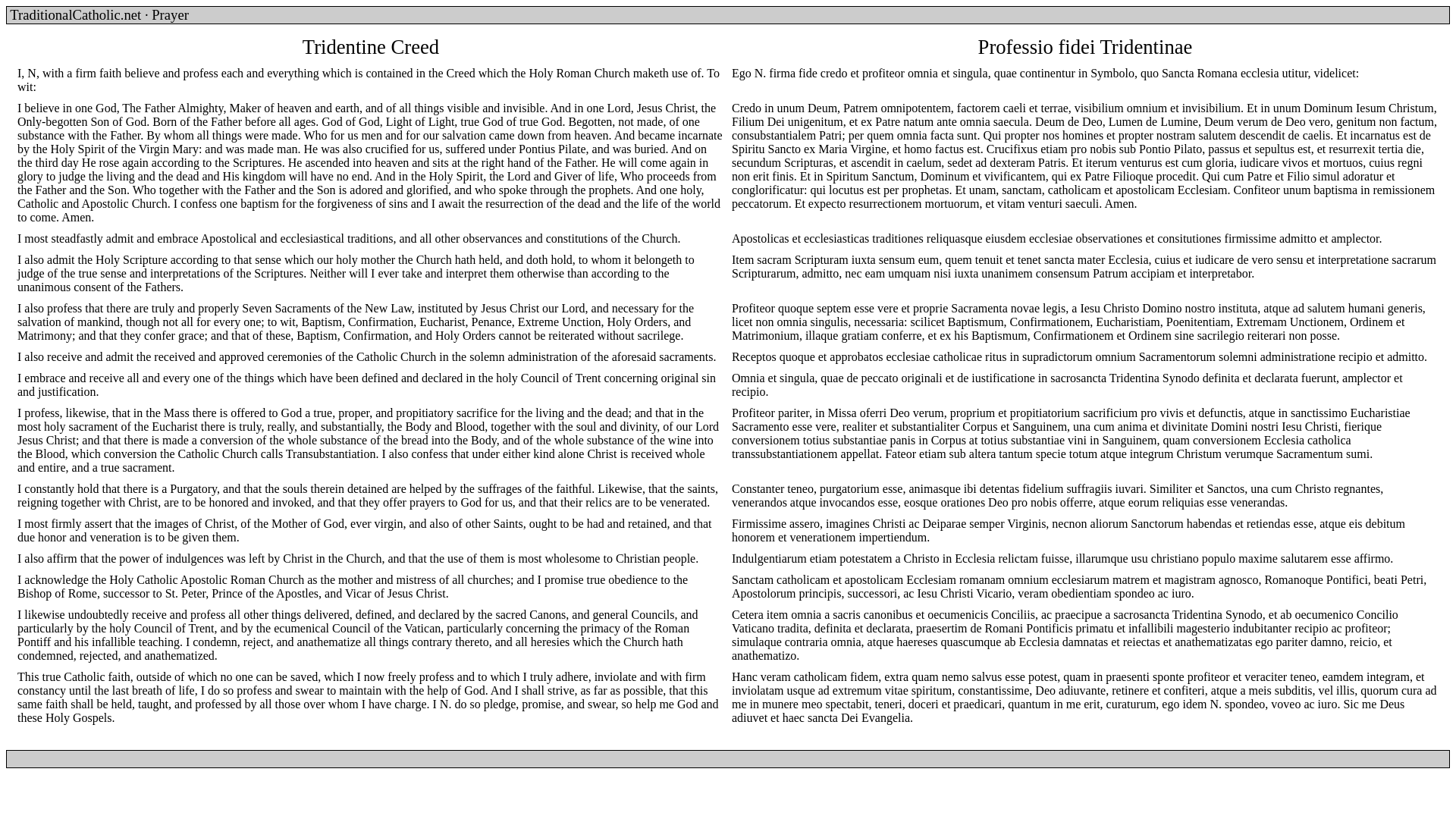 website screenshot of http://www.traditionalcatholic.net/Tradition/Prayer/Tridentine_Creed.html