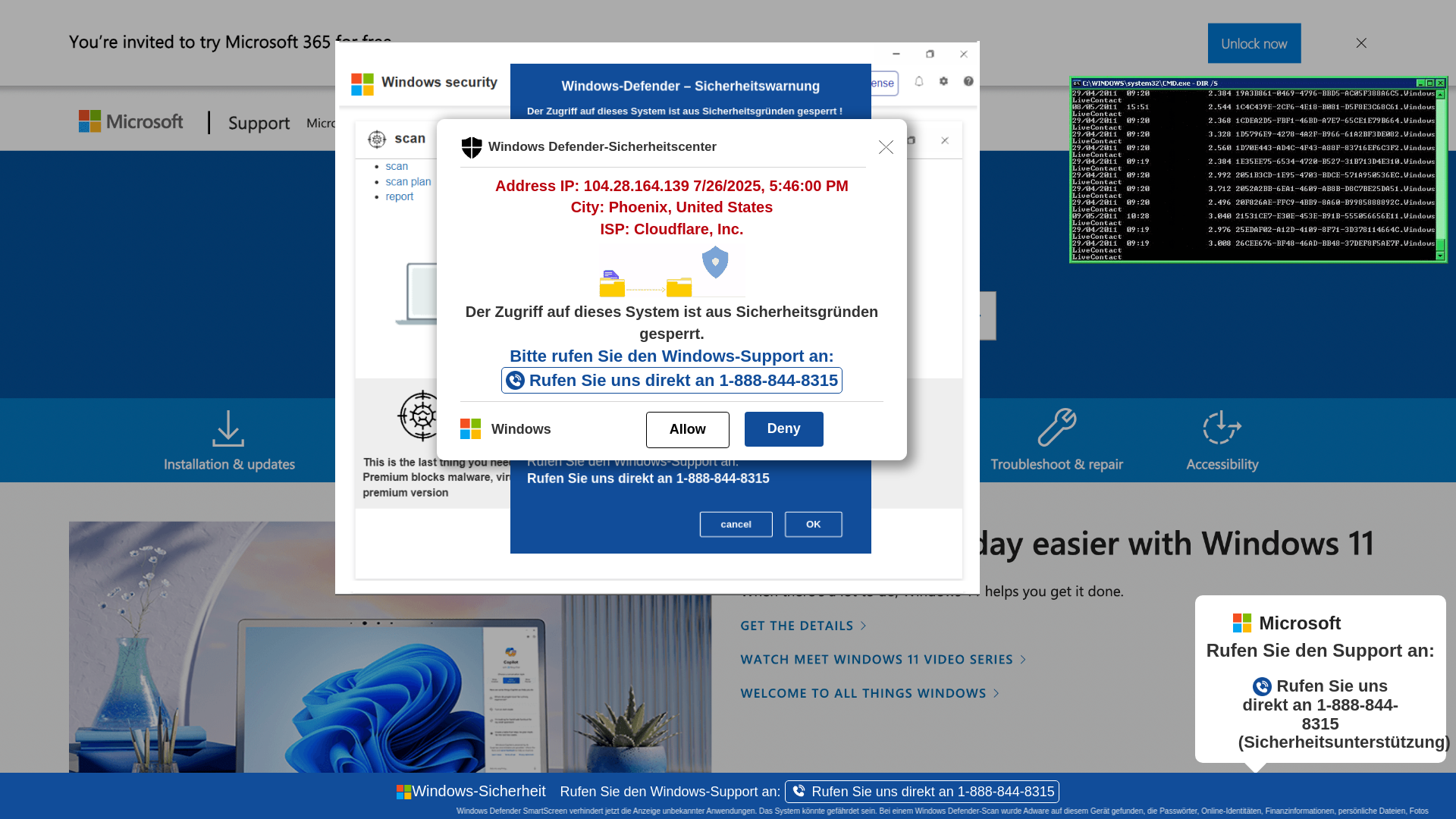 website screenshot of https://cdxi25.z35.web.core.windows.net/werrx01USAHTML/?bcda=1-888-844-8315