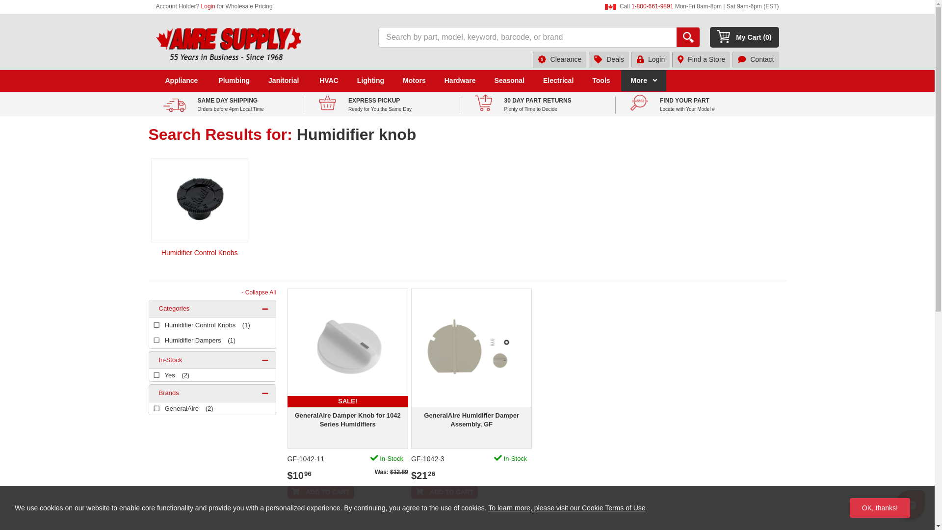 website screenshot of https://www.amresupply.com/search?q=Humidifier+knob