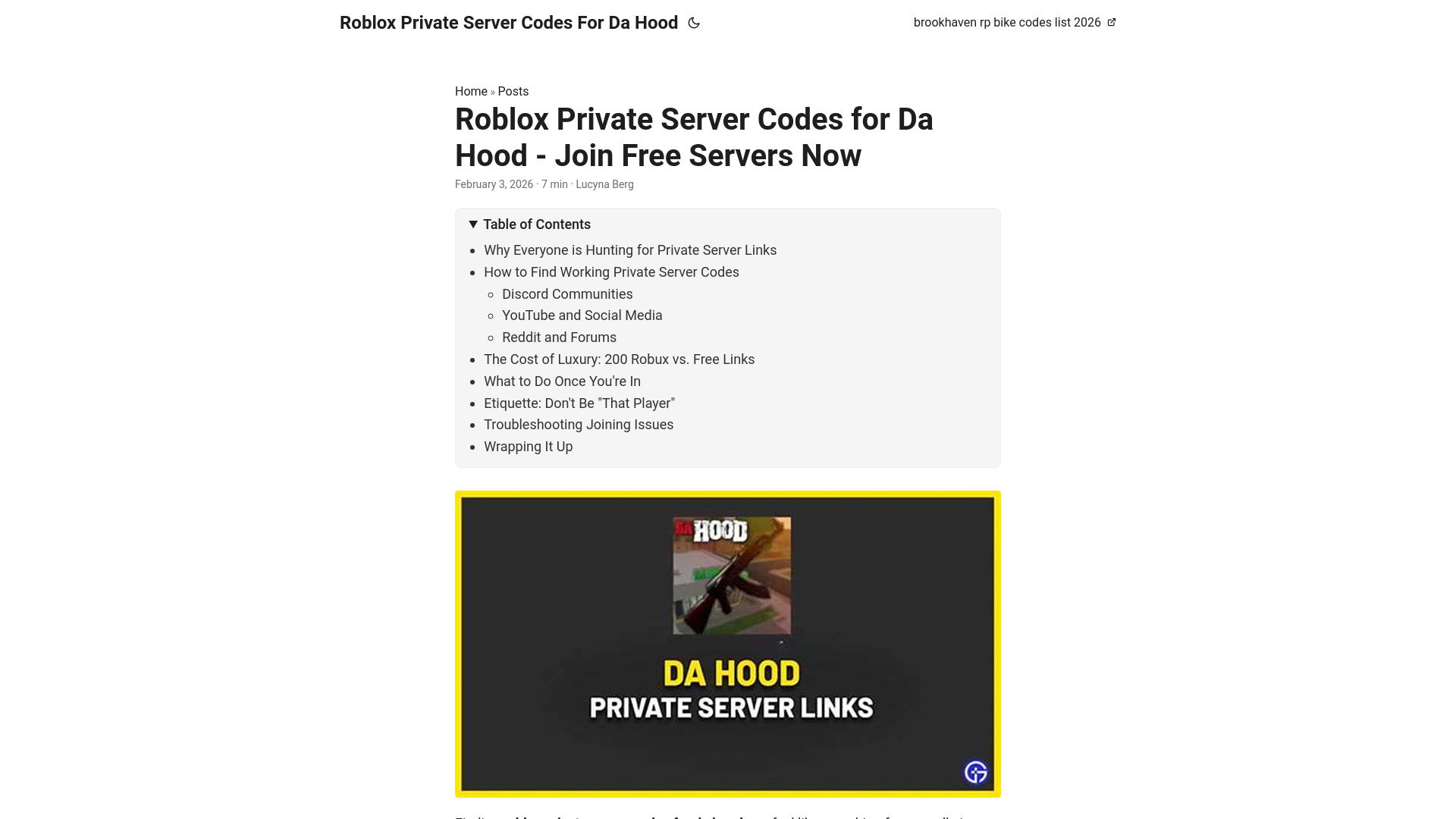 website screenshot of https://robloxprivateservercodesfordahood.pages.dev/