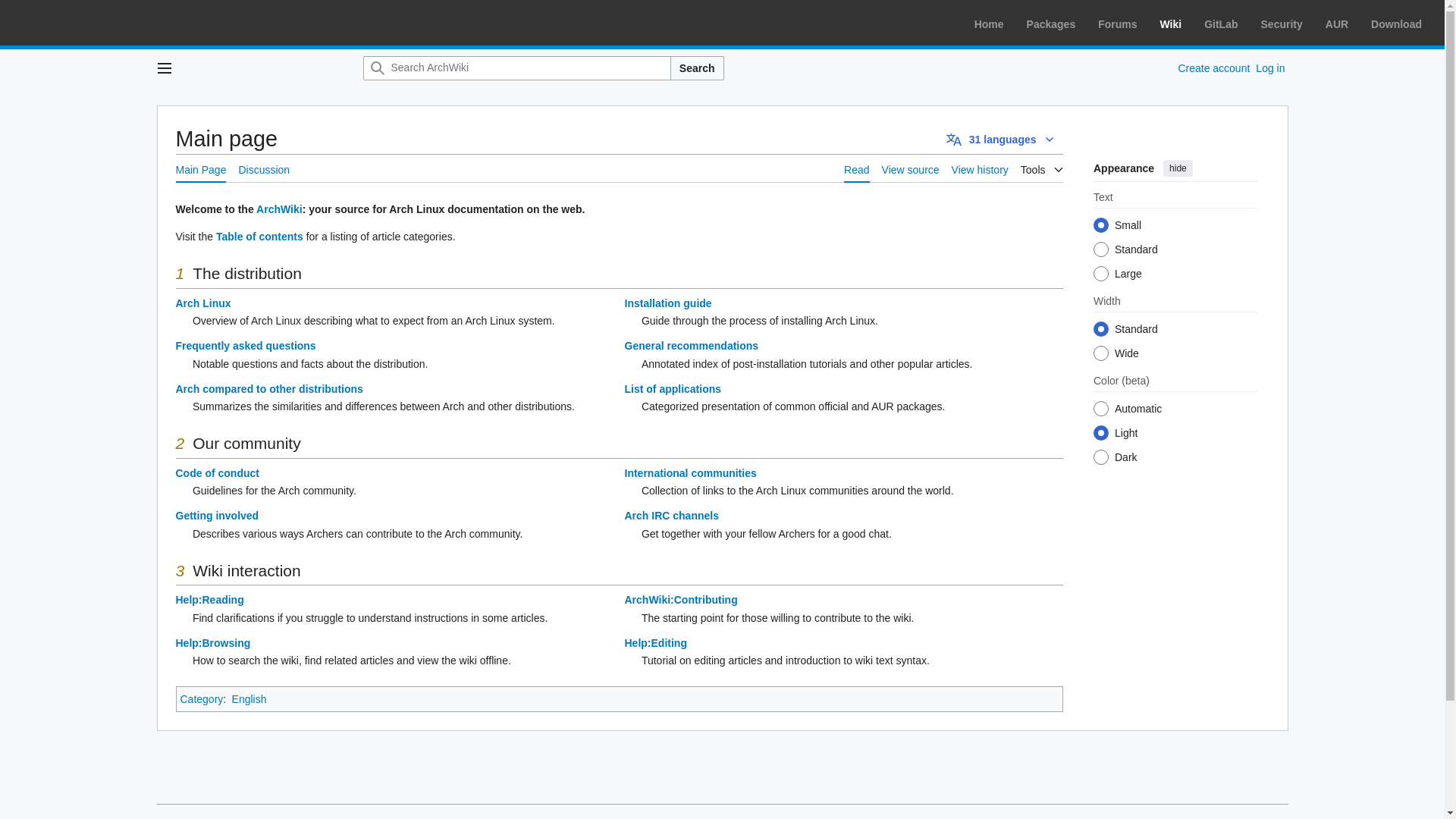 website screenshot of https://wiki.archlinux.org/title/Main_page