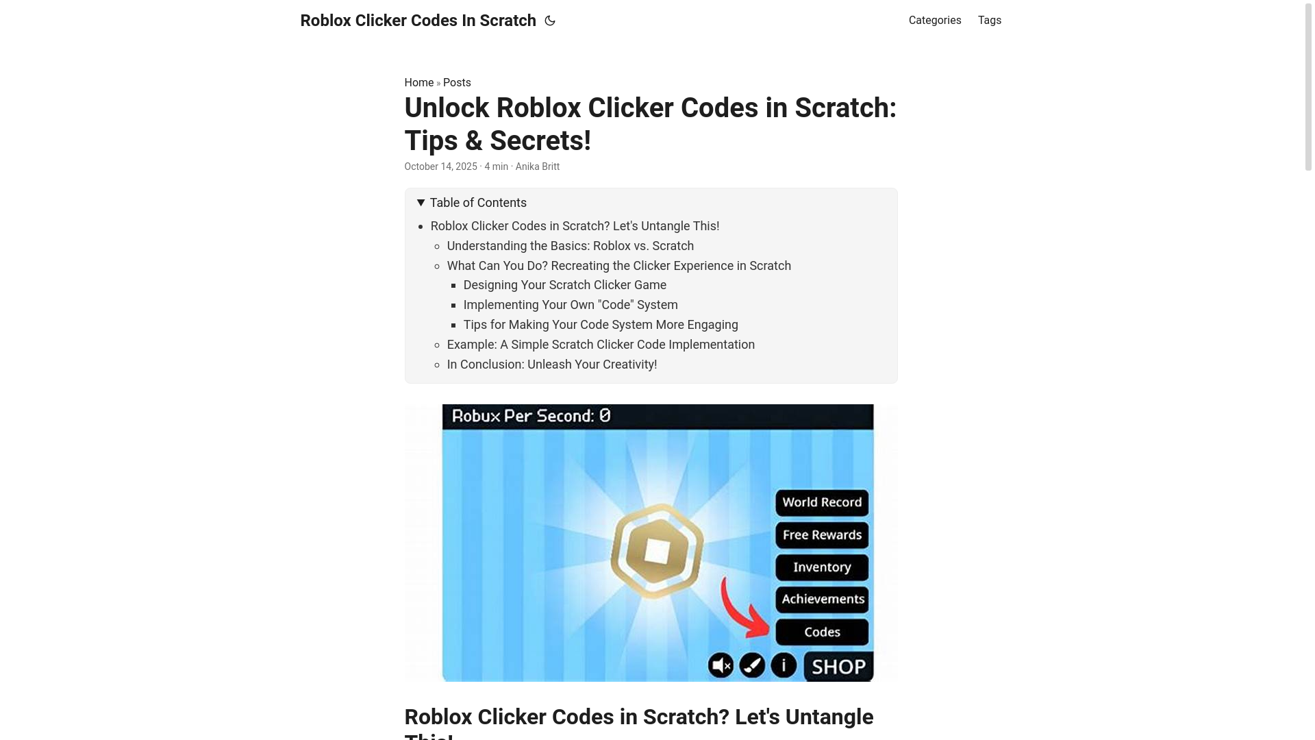 website screenshot of https://roblox-clicker-codes-in-scratch.pages.dev/