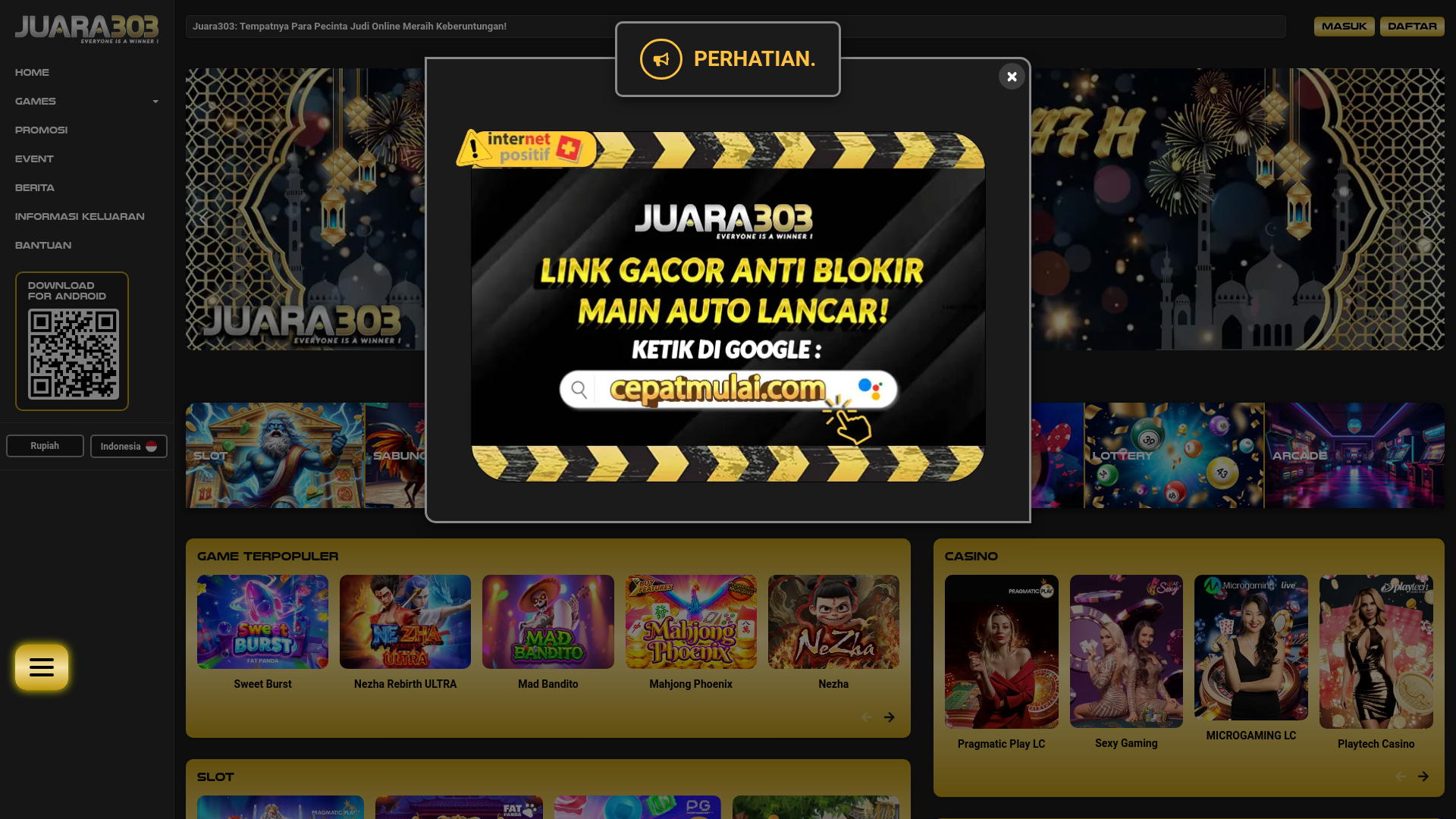 website screenshot of https://juaraa303.work