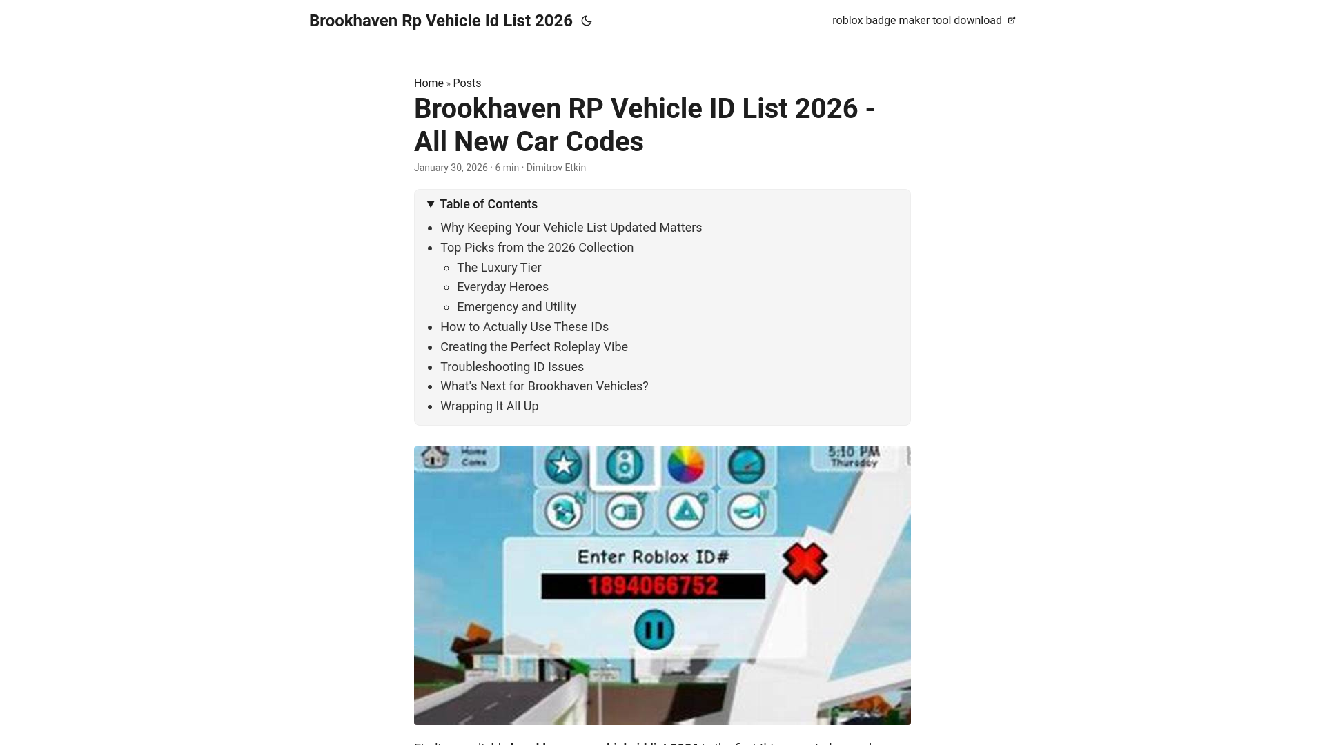 website screenshot of https://brookhaven-rp-vehicle-id-list-2026.pages.dev/