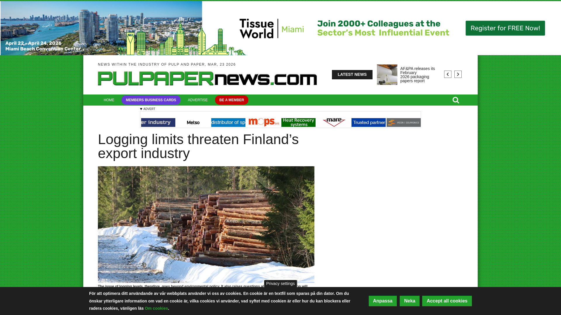 website screenshot of https://www.pulpapernews.com/20260323/17607/logging-limits-threaten-finlands-export-industry