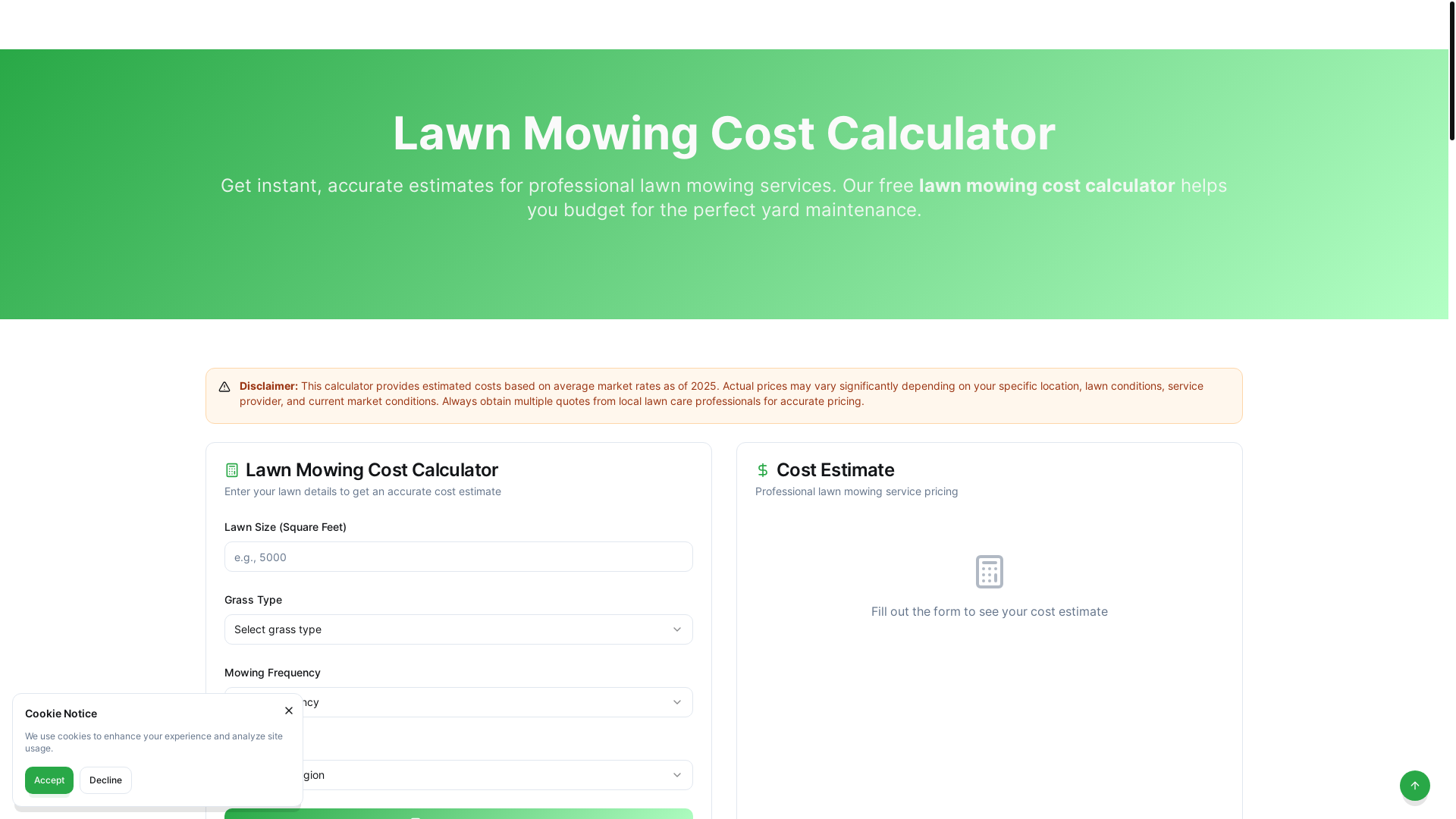website screenshot of https://lawnmowingcostcalculator.pages.dev/