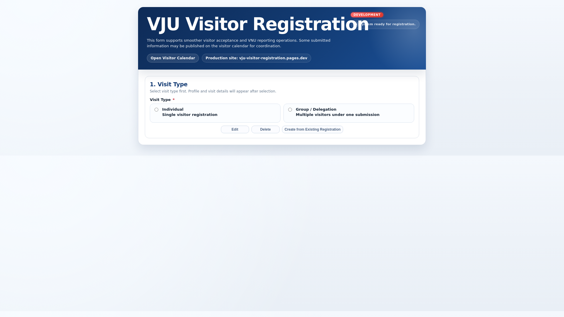 website screenshot of https://vju-visitor-registration-dev.pages.dev/