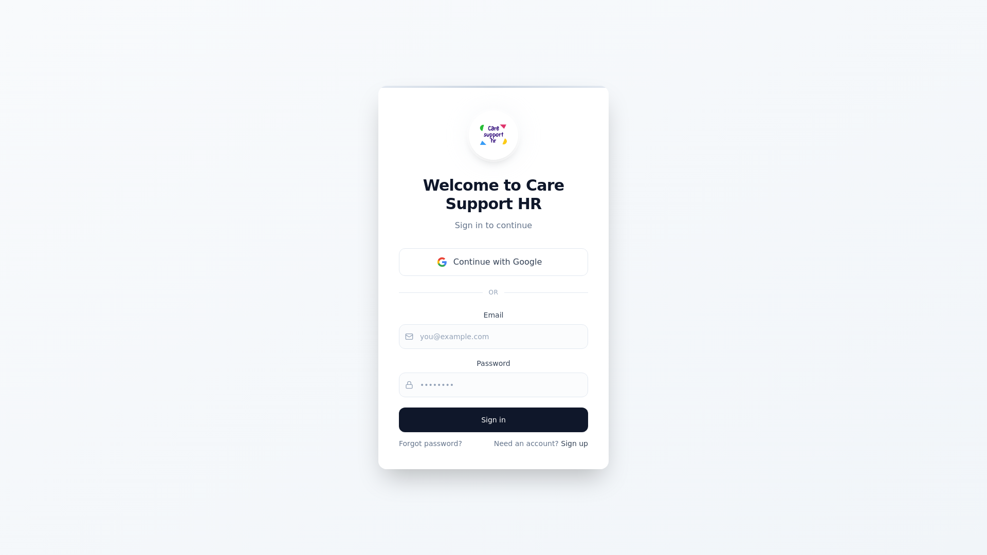 website screenshot of https://mycaresupporthr.app/