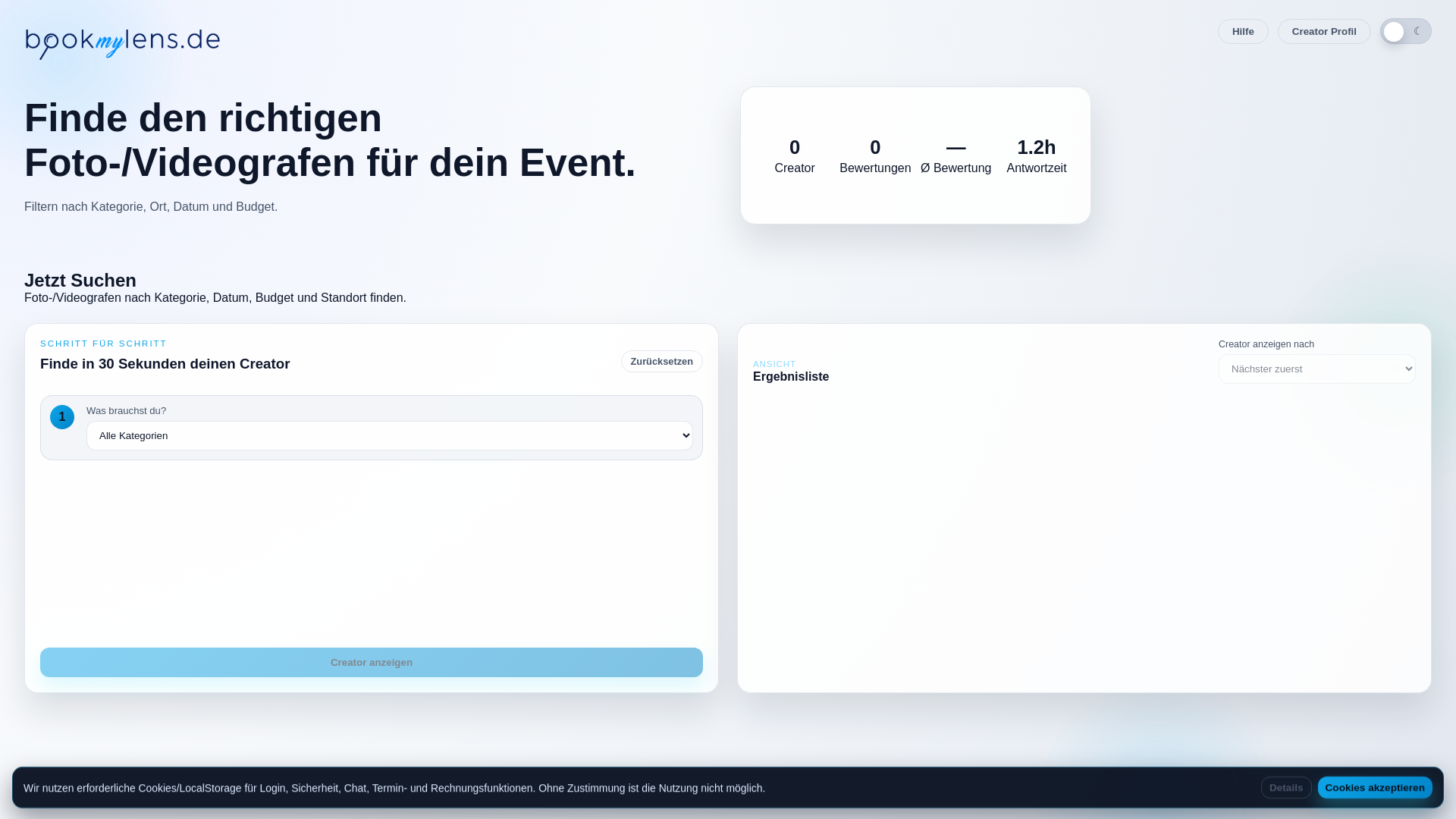 website screenshot of https://bookmylens.de/