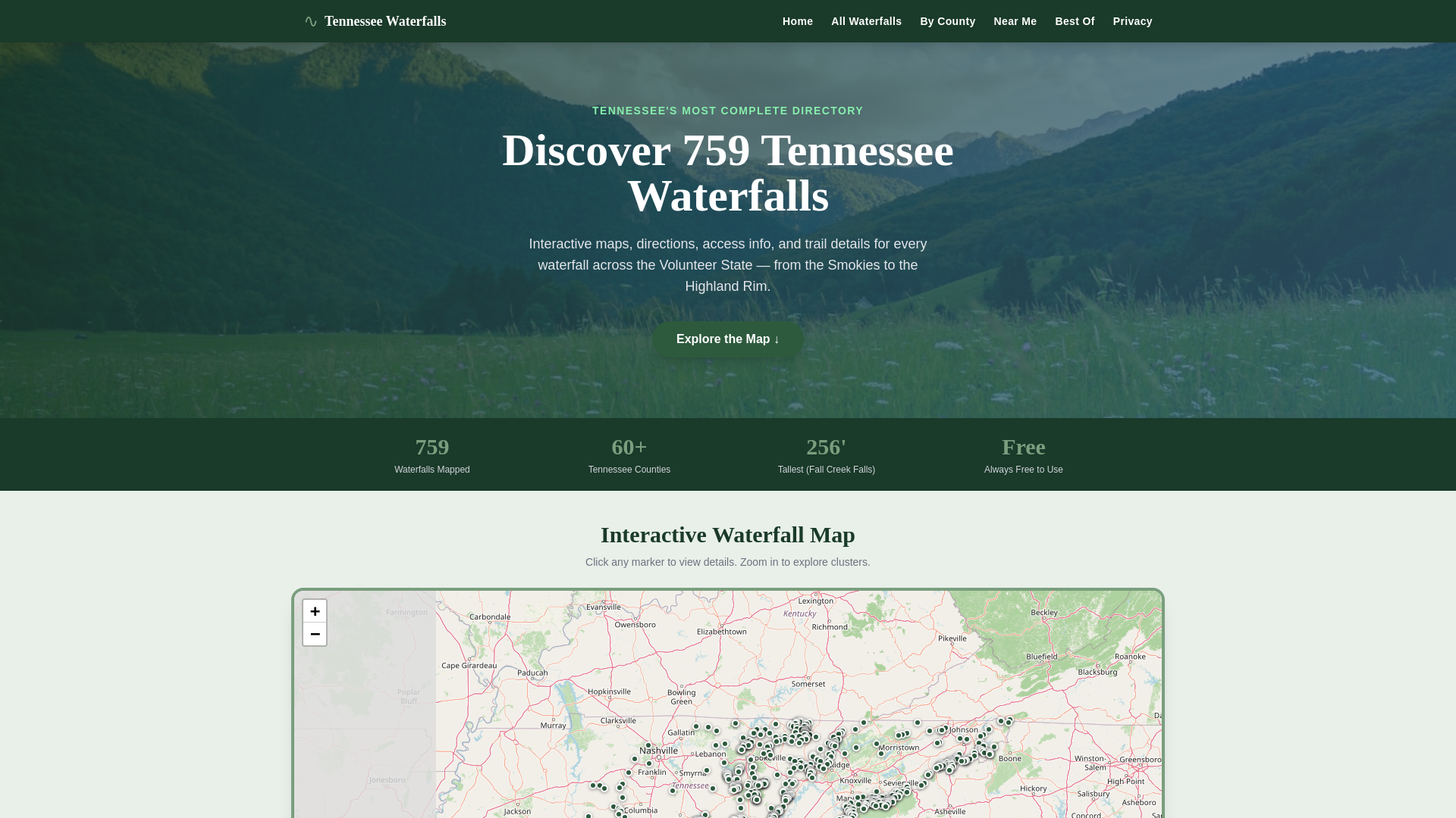 website screenshot of https://tnwaterfalls.com