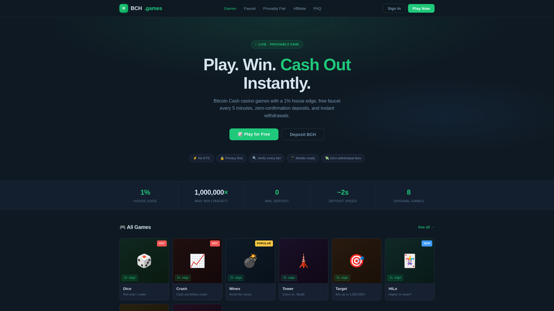 website screenshot of https://bch-games.casino