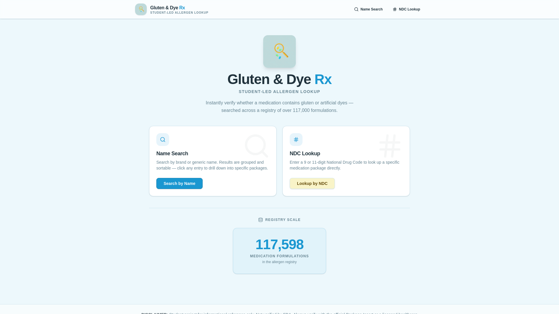 website screenshot of https://rxingredientlookup.com