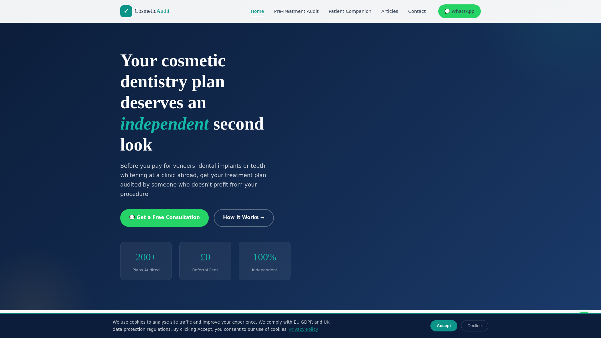 website screenshot of https://cosmeticdentistryaudit.com