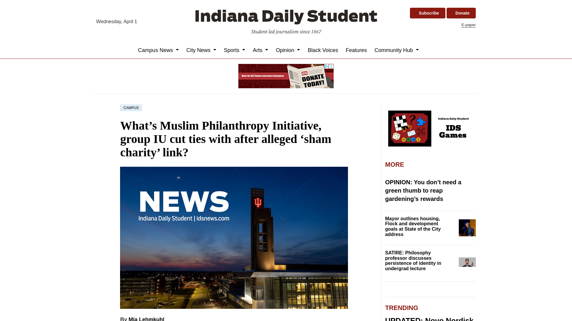 website screenshot of https://www.idsnews.com/article/2026/04/iu-indianapolis-muslim-philanthropy-intiative-indiana-lawmakers-letter-hamas