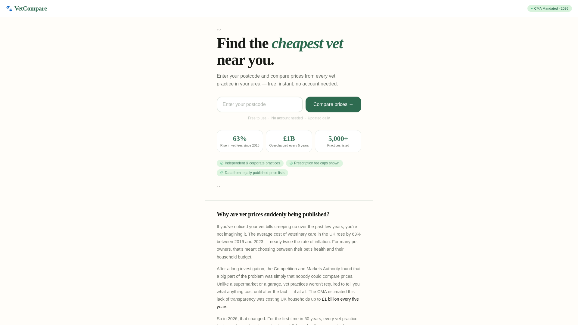 website screenshot of https://myvetfinder.co.uk/