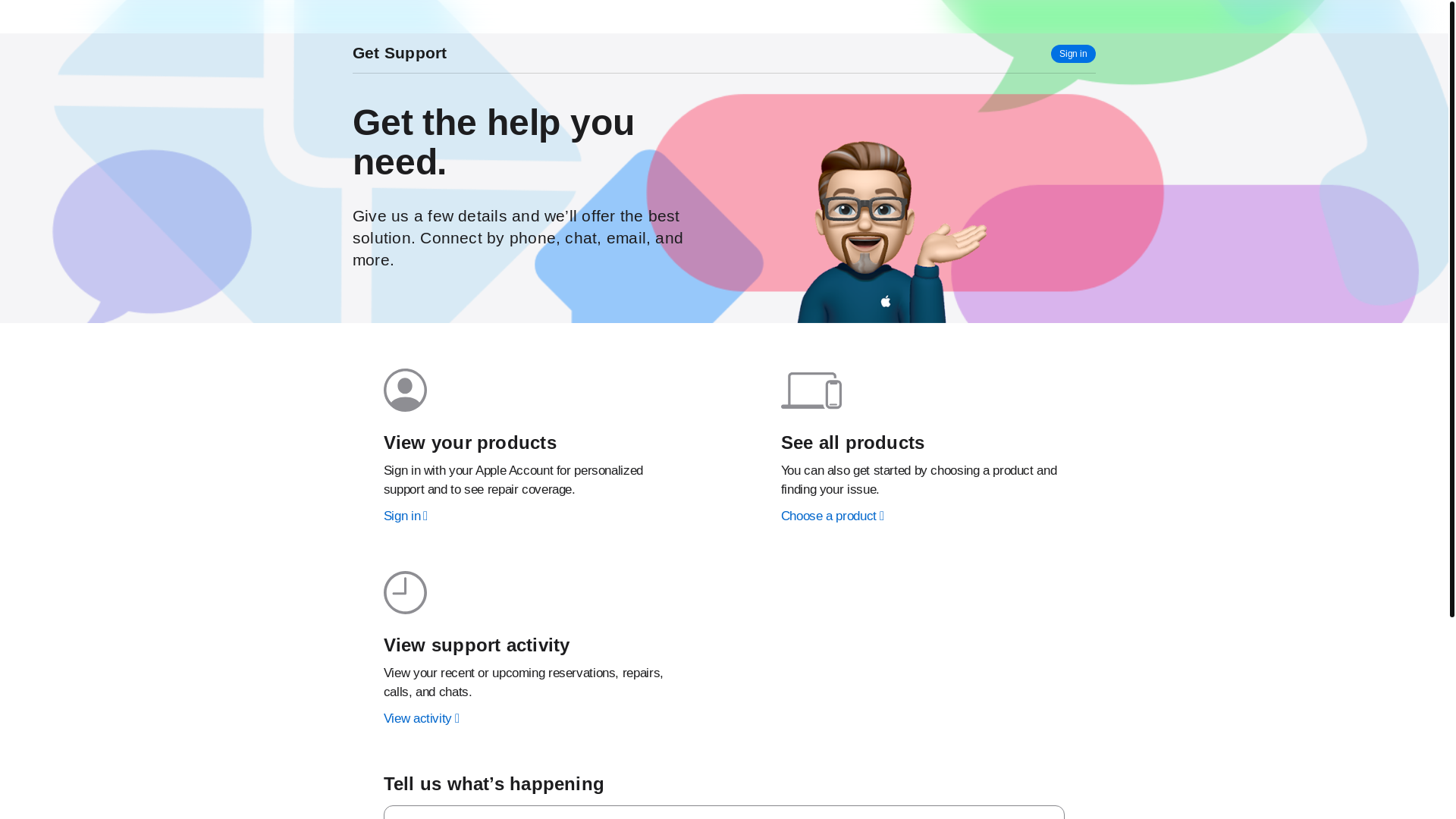 website screenshot of https://getsupport.apple.com/