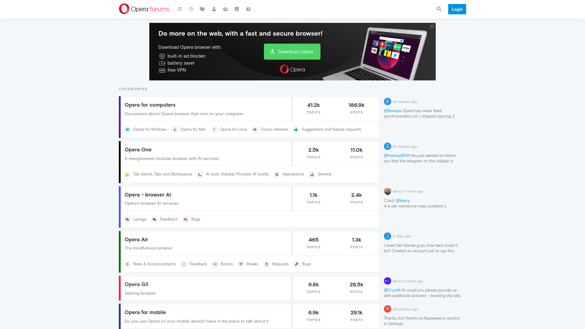 website screenshot of https://forums.opera.com