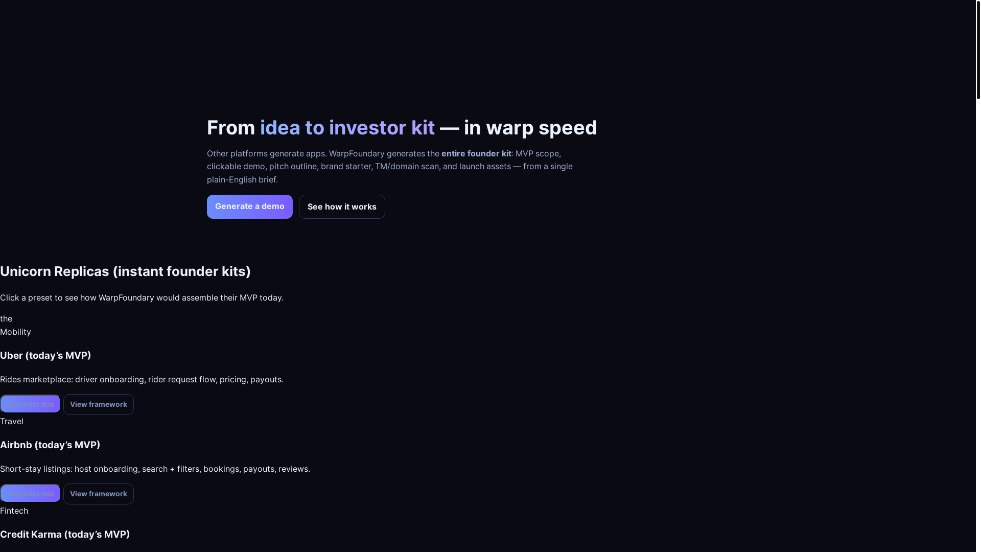 website screenshot of https://thewarpfoundary.ai/