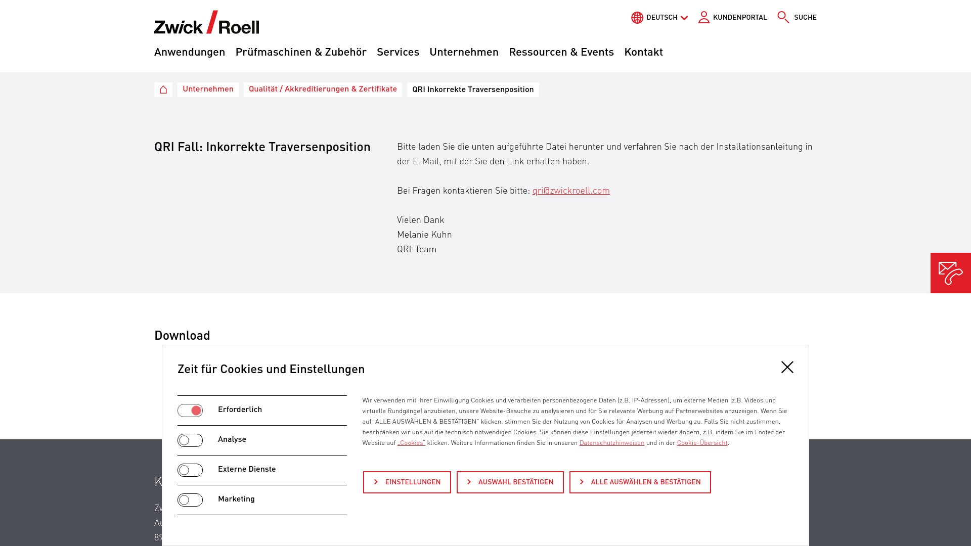 website screenshot of https://www.zwickroell.com/de/unternehmen/qualitaet/qri-inkorrekte-traversenposition-1/
