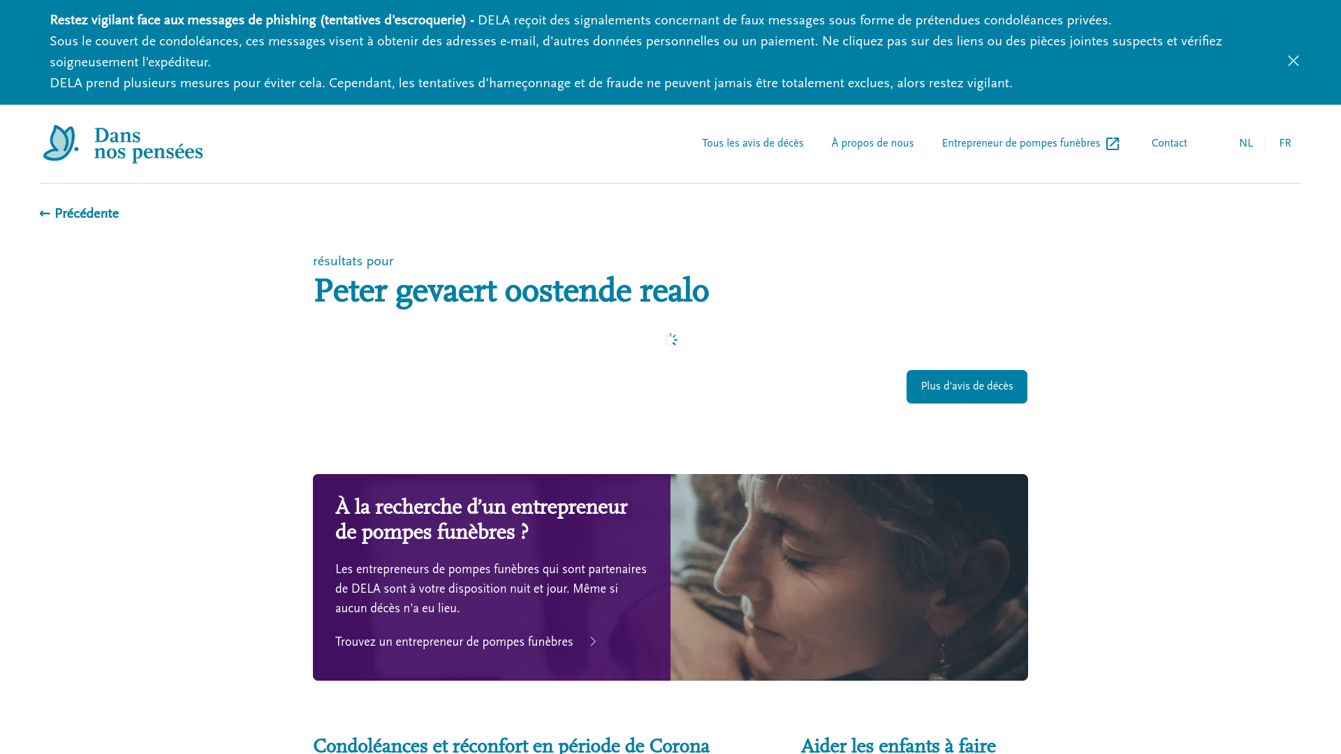 website screenshot of https://www.dansnospensees.be/avis-de-deces?name=peter%20gevaert%20oostende%20realo