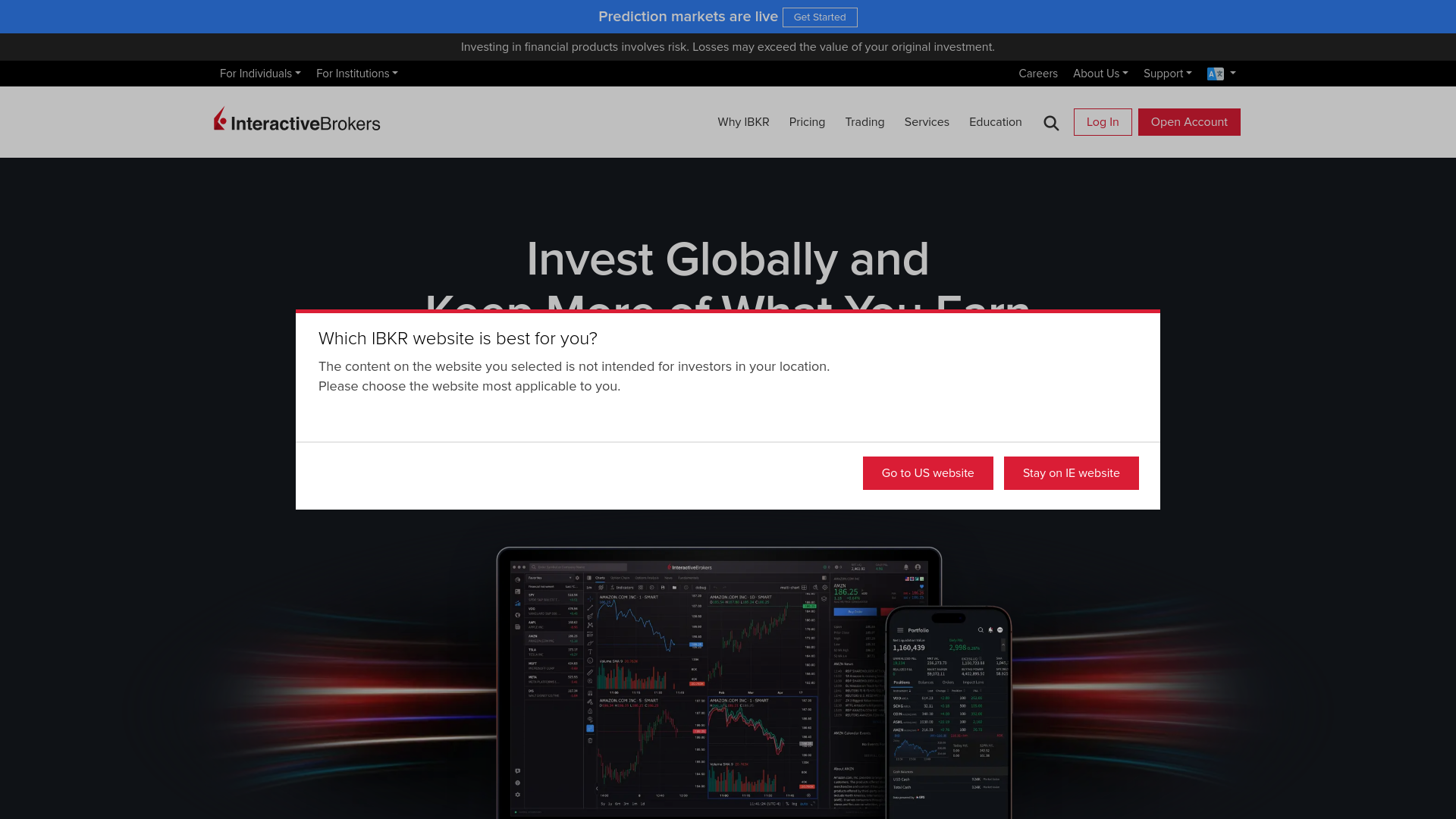website screenshot of https://interactivebrokers.ie/