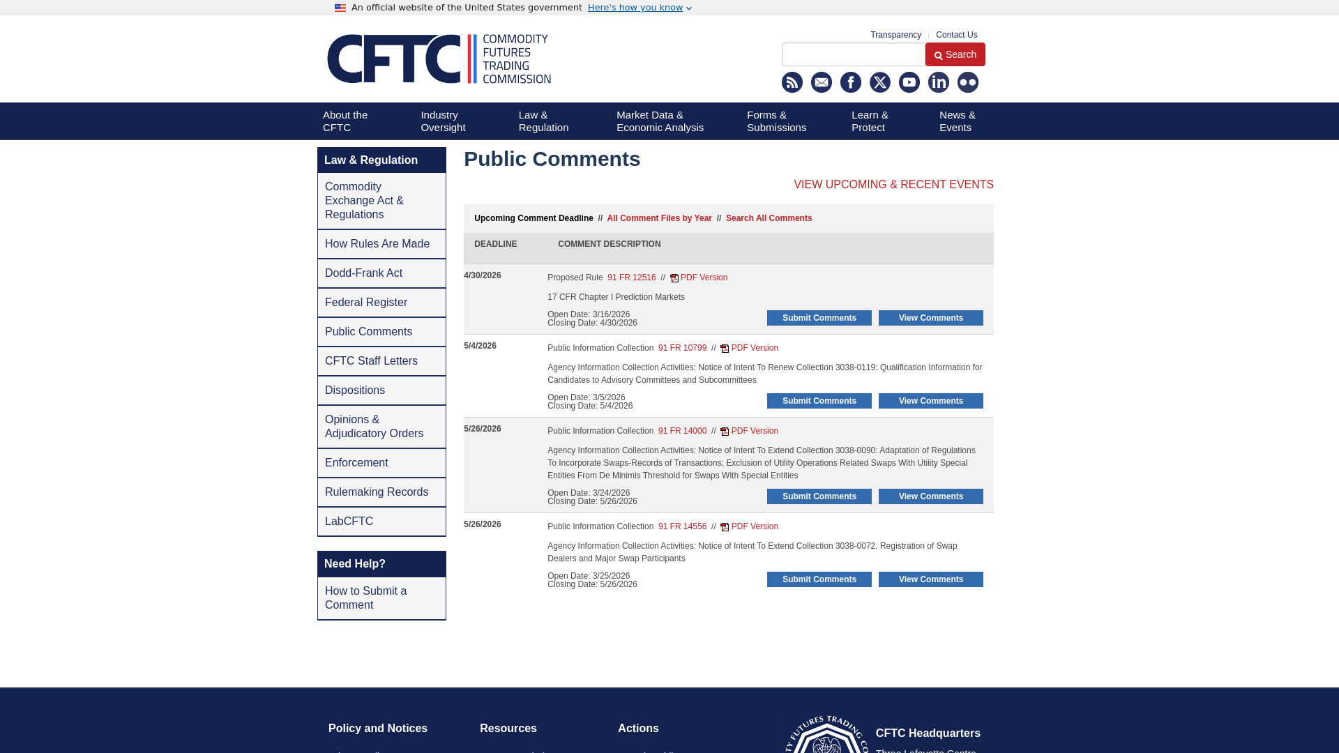 website screenshot of https://comments.cftc.gov/