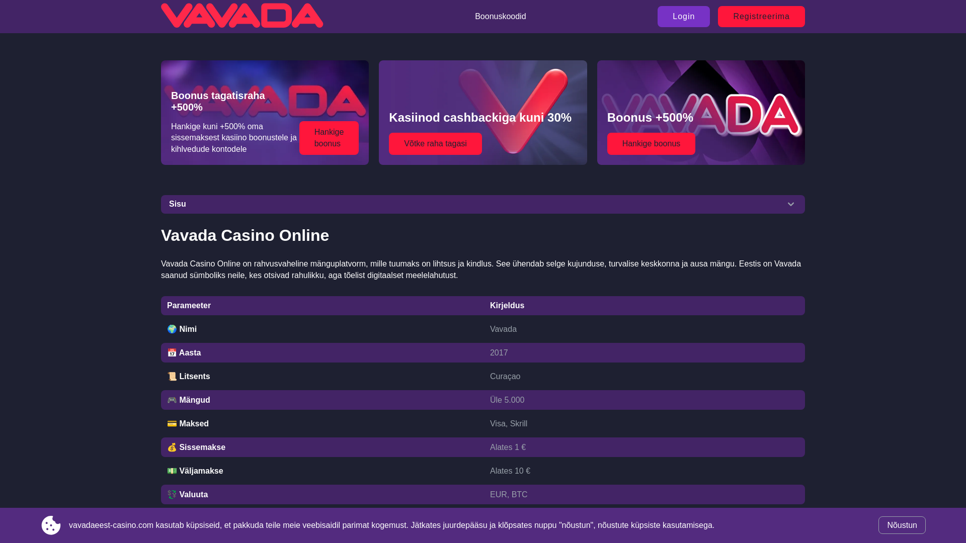 website screenshot of https://vavadaeest-casino.com/