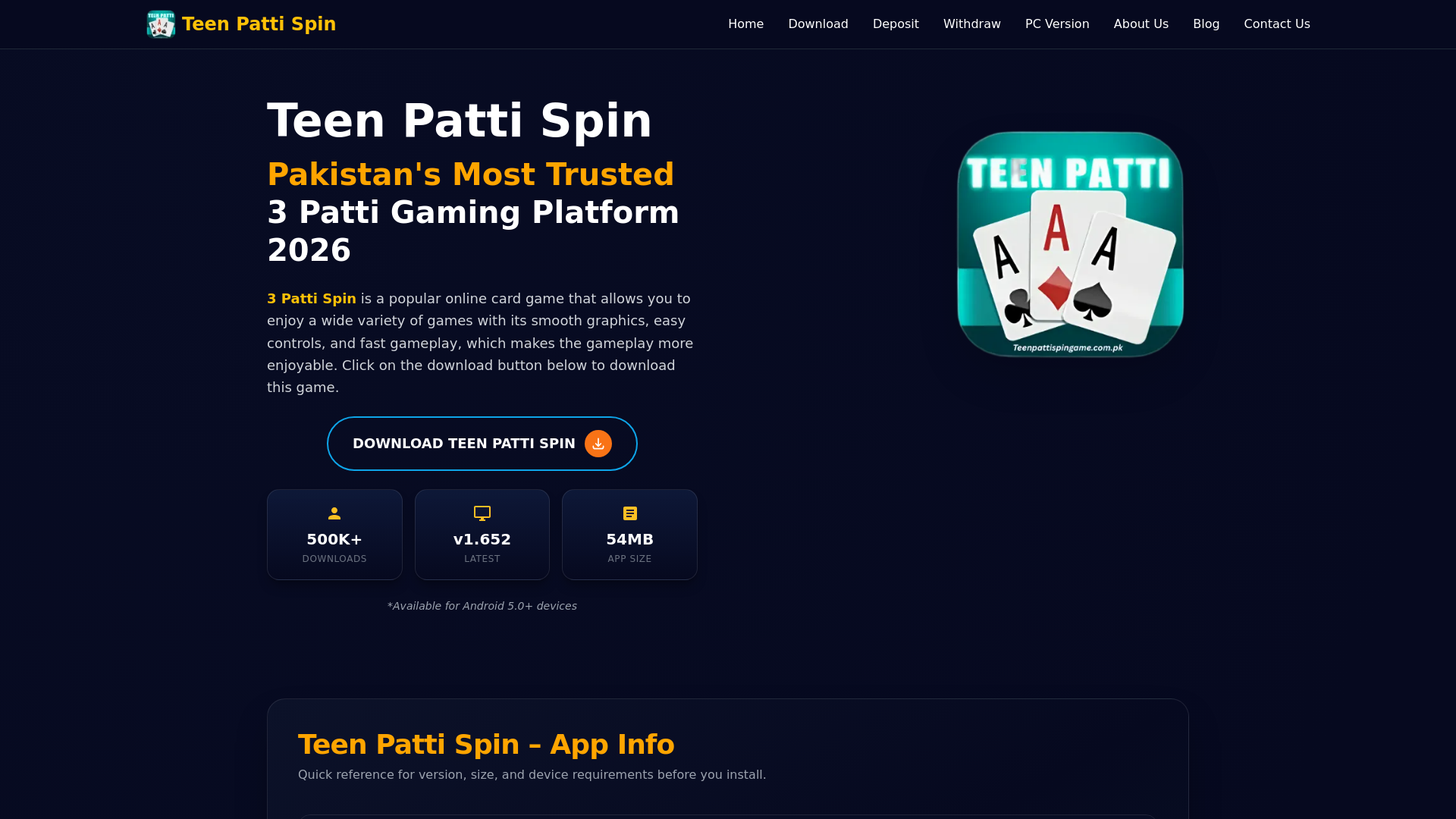 website screenshot of https://teenpattispingame.com.pk/