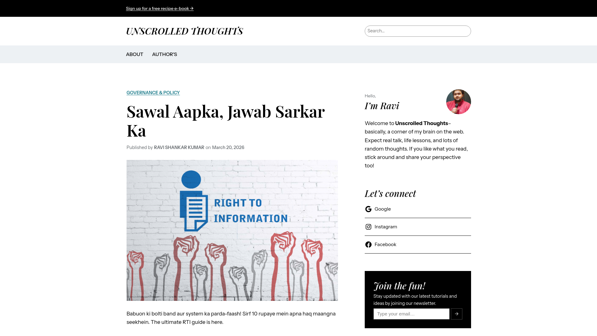 website screenshot of https://unscrolledthoughts.blog